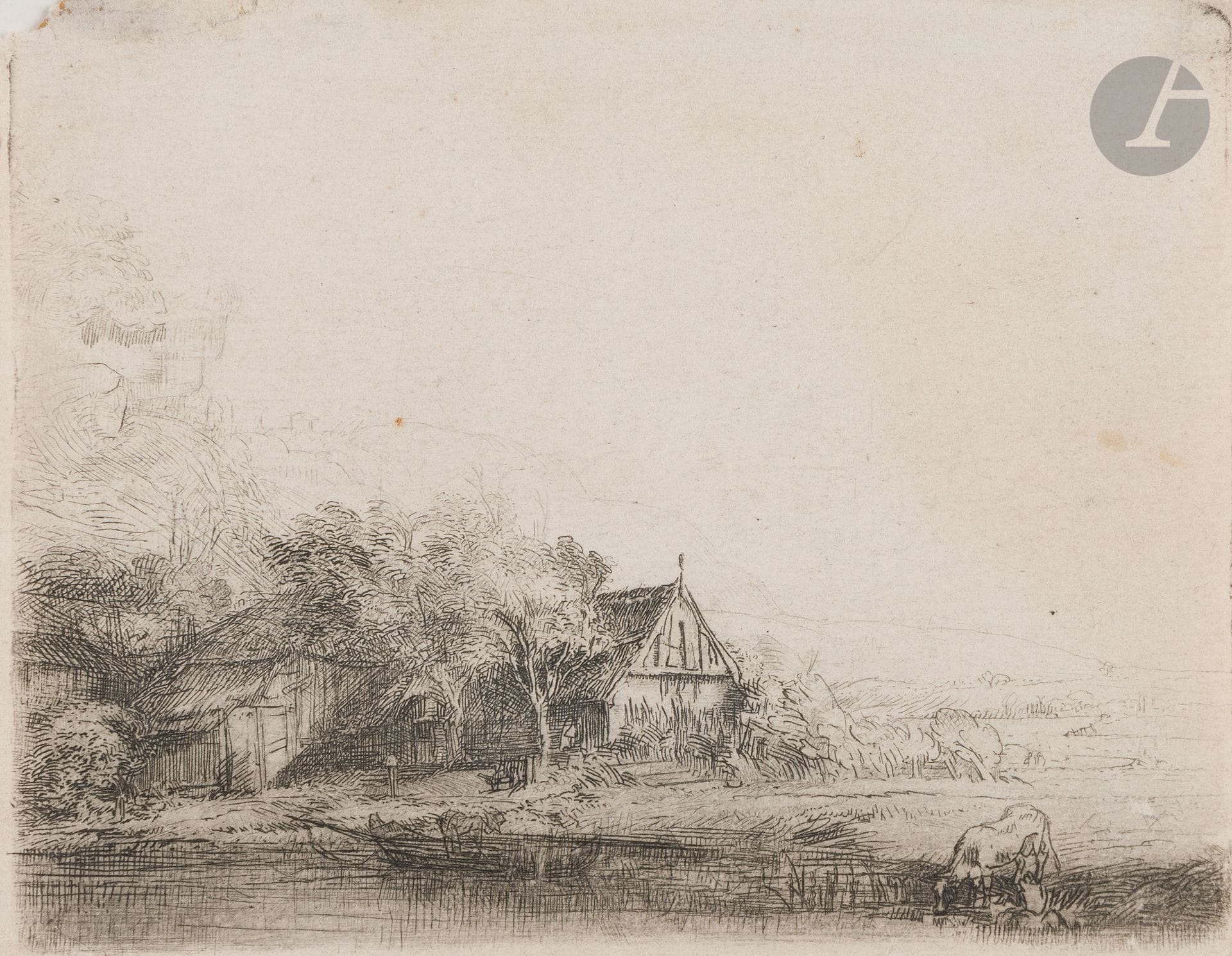 Rembrandt Harmensz. van Rijn (1606-1669)
The Cow's Trough. About 1650. etching and drypoint. 130 x 104. Bartsch 237; Hind 240; New Hollstein 251. Good proof on thin mechanical laid paper, from a print run by Basan fils or Jean (early 19th century), the background landscape faintly perceptible, the drypoint very attenuated, irregularly trimmed on the plate cut, with tearing in the upper left corner. Margin fillet at left (1 mm).