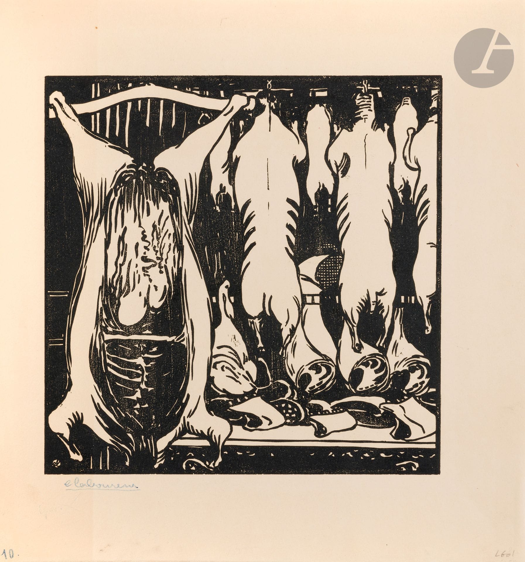 Jean-Émile Laboureur (1877-1943)
La Boucherie. 1899. Bois gravé. 238 x 238. Laboureur 601. Très belle épreuve sur vélin crème, tirée en 1902, signée au crayon bleu et numérotée « 10 » dans l’angle inférieur gauche du feuillet. Inscription effacée sous la signature. Trace claire d’oxydation au bord gauche. Toutes marges. Ex-coll. H. M. Petiet (Lugt 5031).