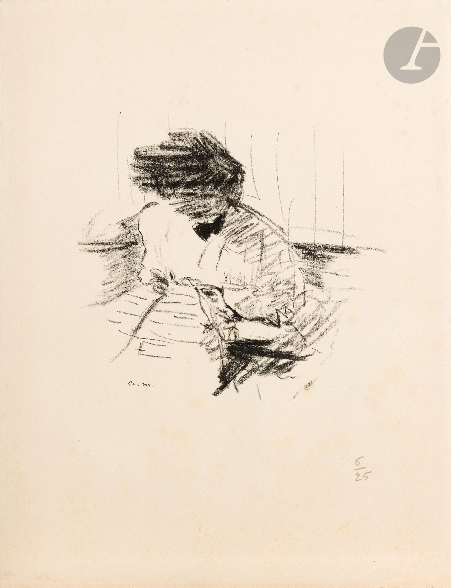 Albert Marquet (1875-1947)
Woman walking. Circa 1920. Woodcut. Sight : 170 x 265. Fine print on white vellum, annotated "tirage 12 ex / n° 3" and signed in pencil, matted with a strip of gummed kraft along the edges on the reverse. Full margins. Joint: Woman sewing. Circa 1920. Lithograph. [258 x 330]. Fine proof on cream vellum, numbered in pencil, from an edition of 25. Light foxing. Band of gummed kraft along edges on verso. Full margins. Set. 2 p.