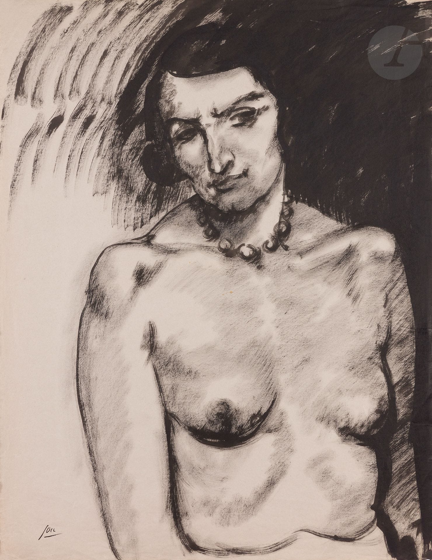 Louis Jou (1882-1968)
Femme nue au collier de perles. Vers 1930-1940. Dessin à l’encre de Chine (pinceau et lavis), sur vergé gris-beige [580 x 760], signé dans l’angle inférieur gauche. Petites ondulations aux bords du feuillet.