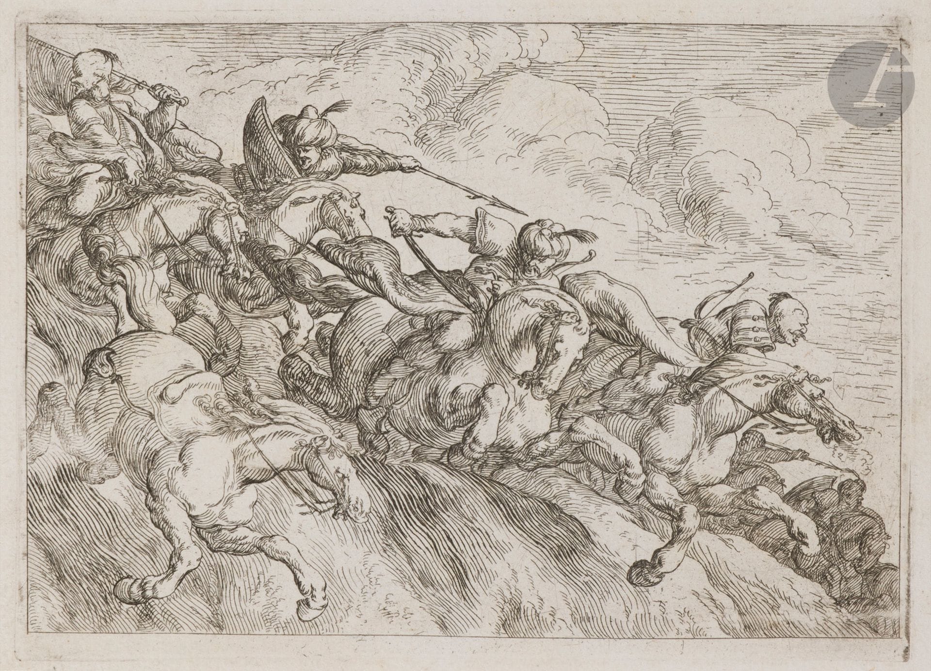 Johann Wilhelm Baur (1607-1642) 
Capricci di varie battaglie (Batailles de diverses nations). 1635. Eau-forte. Chaque 145 x 110. Le Blanc 206-221. Un titre (rogné au sujet) et 16 planches. Très belles épreuves. Petite restauration en pied d’un feuillet. Un point de rouille marginal à une pl. Toutes marges. Ex-coll. L. Lépingle (Lugt 1701 et 1731).