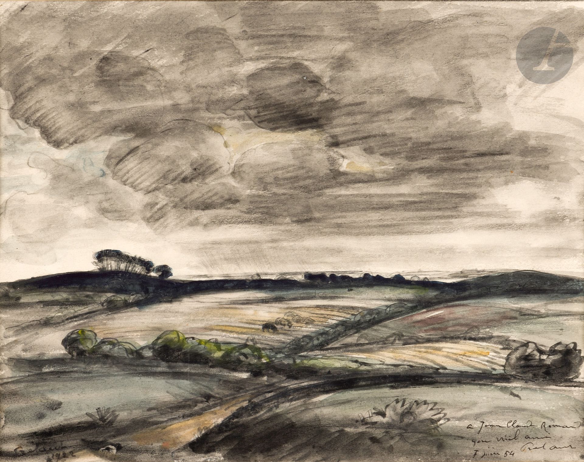 Jean Frélaut (1879-1954)
Mériadec, cloudy sky. 1922. Drawing. Indian ink wash, watercolor and graphite on white wove paper. [310 x 255]. Signed and dated "1922" in black stone, lower left. Annotated lower right in pen: "à Jean Claude Romand / son vieil ami / 7 juin 54" and re-signed. Titled on verso in black stone, top left.