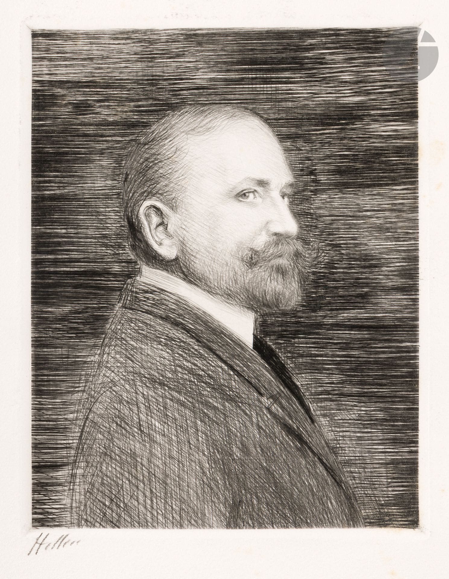 Paul César Helleu (1859-1927)
Portrait of a Bearded Man (Monsieur Marnier). Drypoint. 175 x 220. A very fine proof on strong white vellum, signed in pencil. Some light scattered foxing. Full margins.