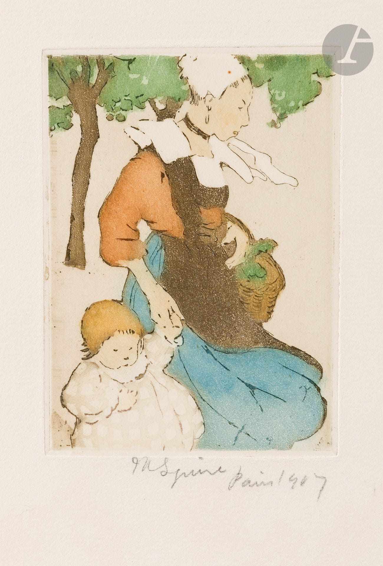 Maud Hunt Squire (American, 1873-1954)
Woman and Child 1907. Etching and aquatint. 88 x 120, printed in color. A very fine proof on cream laid paper watermarked "imprimerie...", signed and annotated "Paris 1907" in pencil, washed. Slight thinning visible through transparency at the edges of the folio. Slight foxing at foot. Fine margins (with a pencil line around the edge).