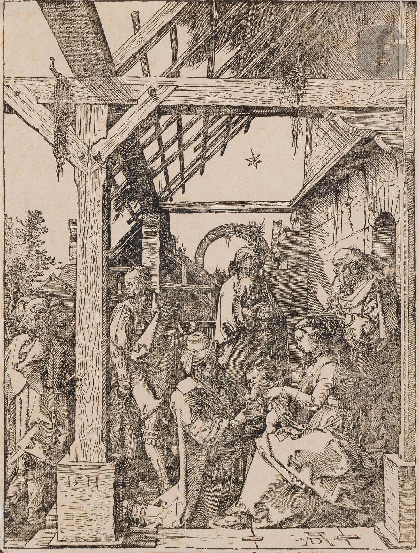 Albrecht Dürer (1471-1528)
L’Adoration des mages. 1511. Bois gravé. 220 x 293. Bartsch 3 ; Meder 208 (i/i). Belle épreuve sur vergé mince (filigrane : écu, Meder 245), avec plusieurs cassures le long du trait carré, notamment en pied. Marges étroites (2 mm), avec petits arrachements dans celle de gauche. Fin pli de tirage oblique en bas à gauche du sujet. Petite auréole d’humidité et autre fin pli de tirage dans l’angle supérieur droit. Infime déchirure en pied du feuillet.