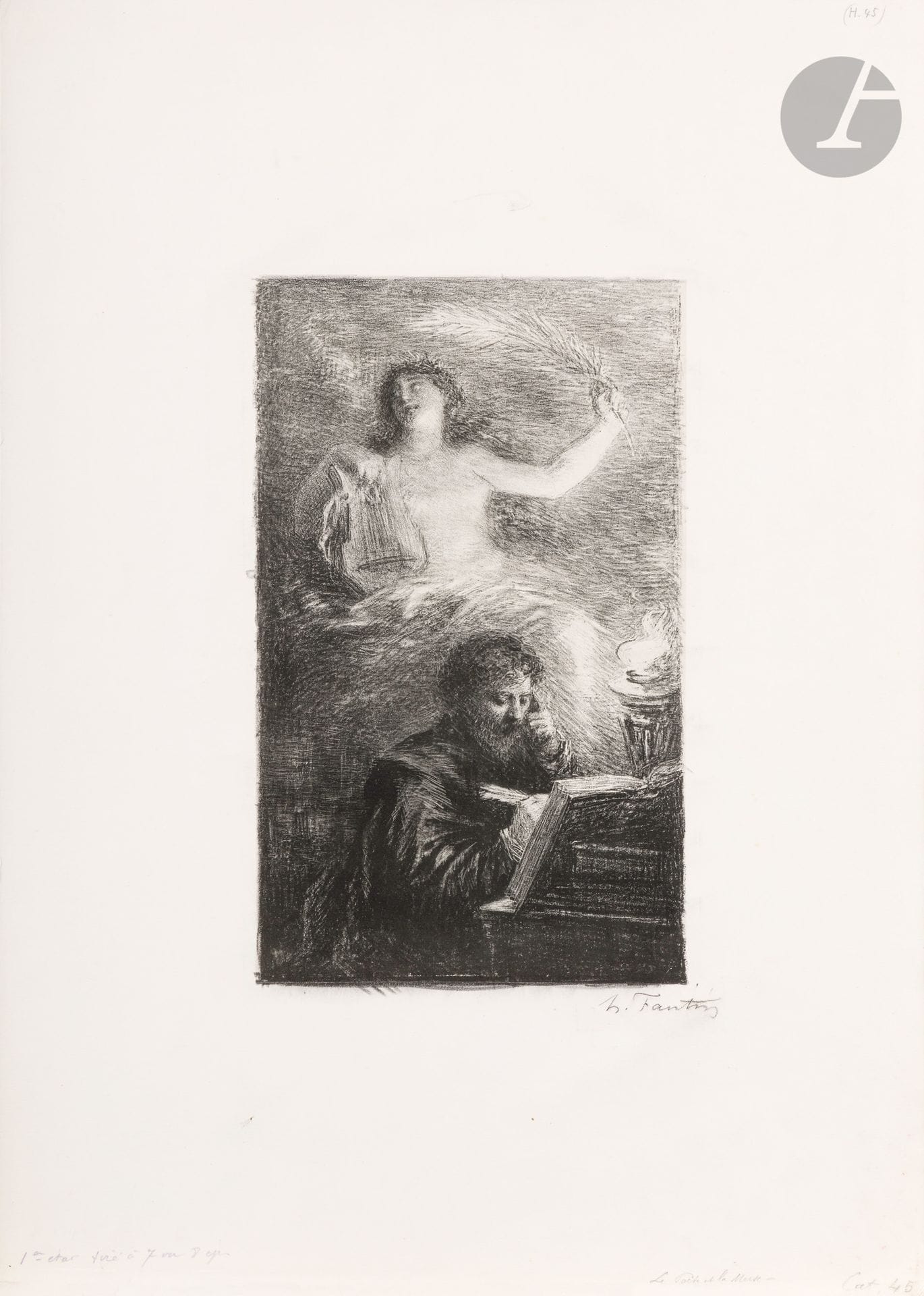 Henri Fantin-Latour (1836-1904)
Le Poète et la muse. 1883. Lithographie. 185 x 315. Hédiard-Mason 45. Très belle épreuve sur chine appliqué, du 1er état (sur 2) avant l’adresse de Lemercier, signée à la pierre noire. Annotation au stylo-encre en pied à gauche. Courts plis de manipulation et infimes accrocs aux bords du feuillet. Un petit trou en marge inférieure. Toutes marges. Rare. Tirage à 7 ou 8 épreuves de cet état. Tirage de l’édition à 25 épreuves.