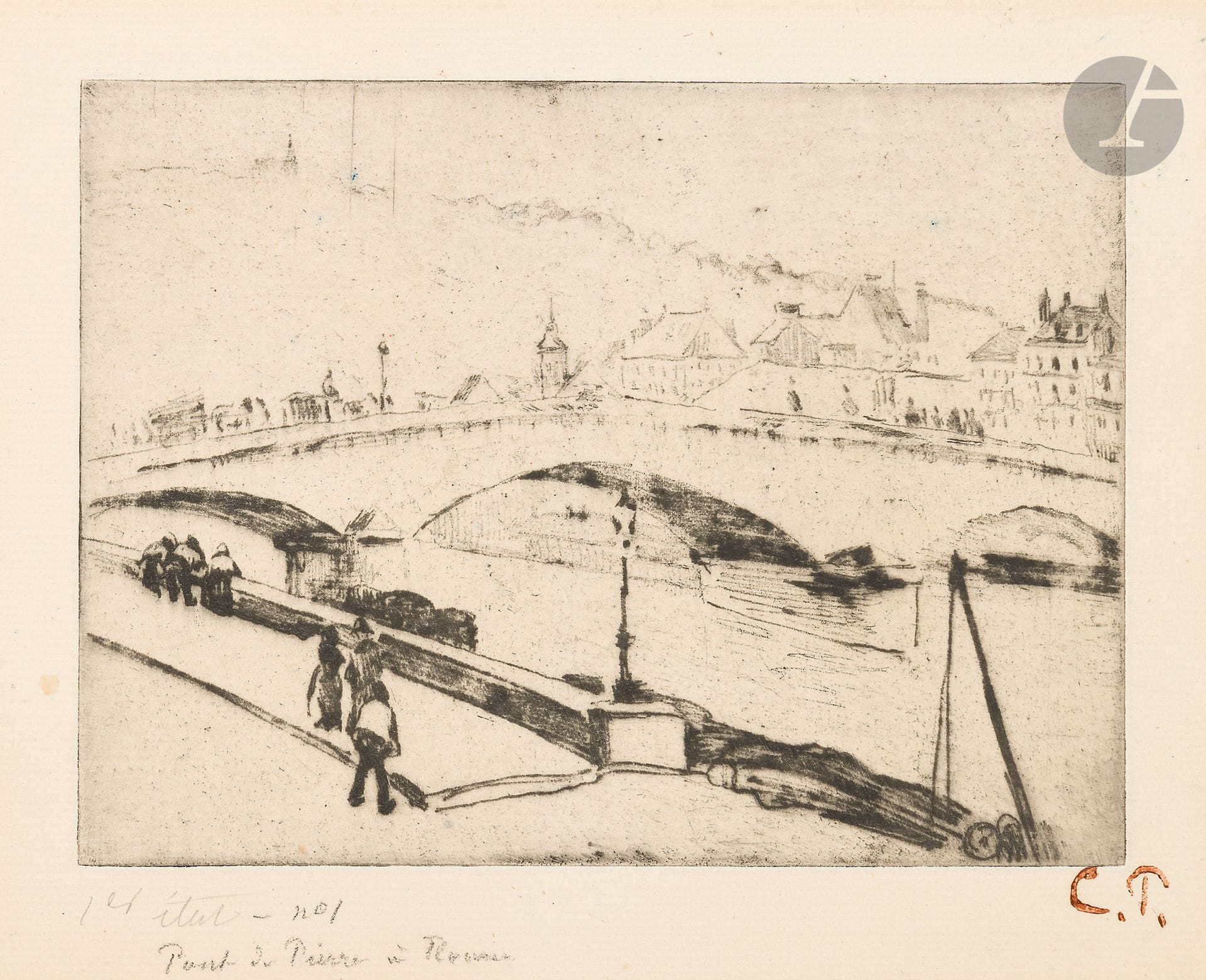 Camille Pissarro (1830-1903)
Le Pont de pierre, à Rouen. 1887. Vernis mou. 198 x 148. Delteil 66. Belle épreuve sur vergé fort ivoire, annotée « 1er état – n° 1 » et titrée au crayon, puis timbrée (Lugt 613a). Trace claire d’oxydation marginale. Restes de kraft gommé et petits arrachements sur le pourtour au verso. Toutes marges.