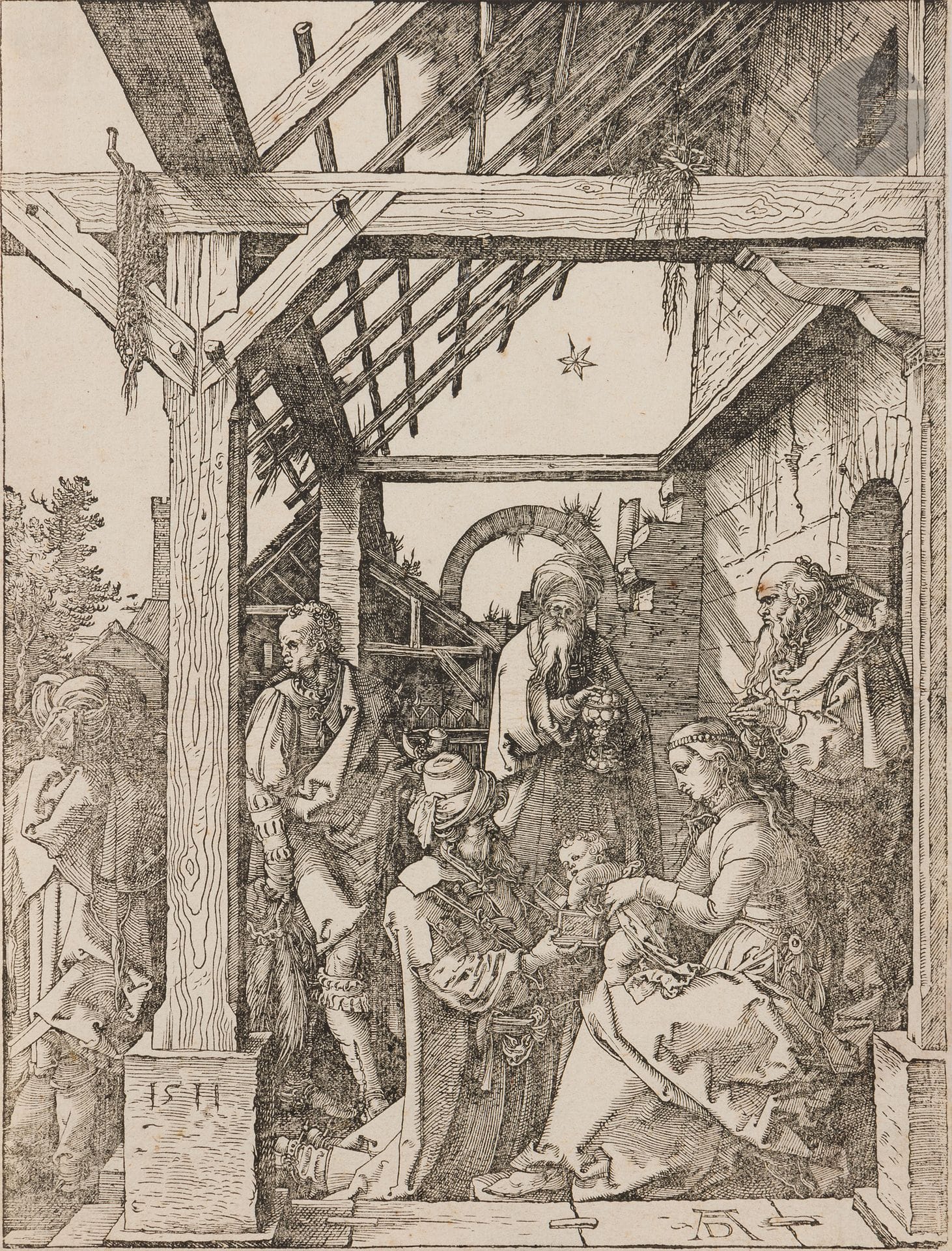 Albrecht Dürer (1471-1528)
L’Adoration des mages. 1511. Bois gravé. 220 x 293. Bartsch 3 ; Meder 208 (c/i ?). Belle épreuve sur vergé mince, avant les cassures dans le trait carré, un peu grise (la partie gauche légèrement faible au tirage). Traces de colle dans les angles au verso. Deux points de rouille dans le sujet. Petites taches rousses essentiellement visibles au bord inférieur gauche au verso. Filets de marges.