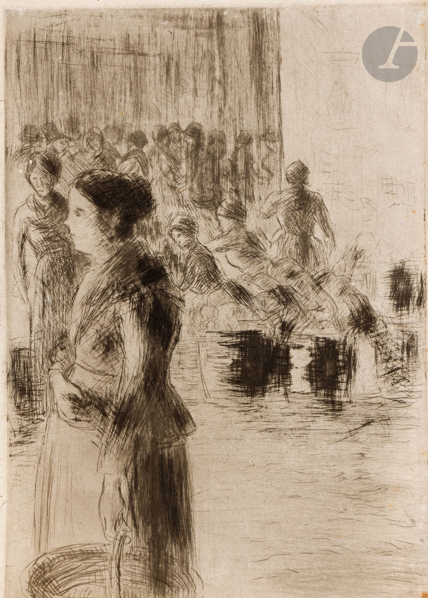 Camille Pissarro (1830-1903)
La Bonne faisant son marché. 1888. Eau-forte et pointe sèche. 137 x 190. Delteil 74. Très belle épreuve sur chine volant, du 1er état (sur 4), avant de nouveaux travaux, sans marges comme à l’ordinaire, du tirage pour la Revue Indépendante. Petites traces de colle et amincissures en tête au verso. Infime amincissure inhérente au papier, visible par transparence en pied. Petite rousseur dans l’angle inférieur droit.