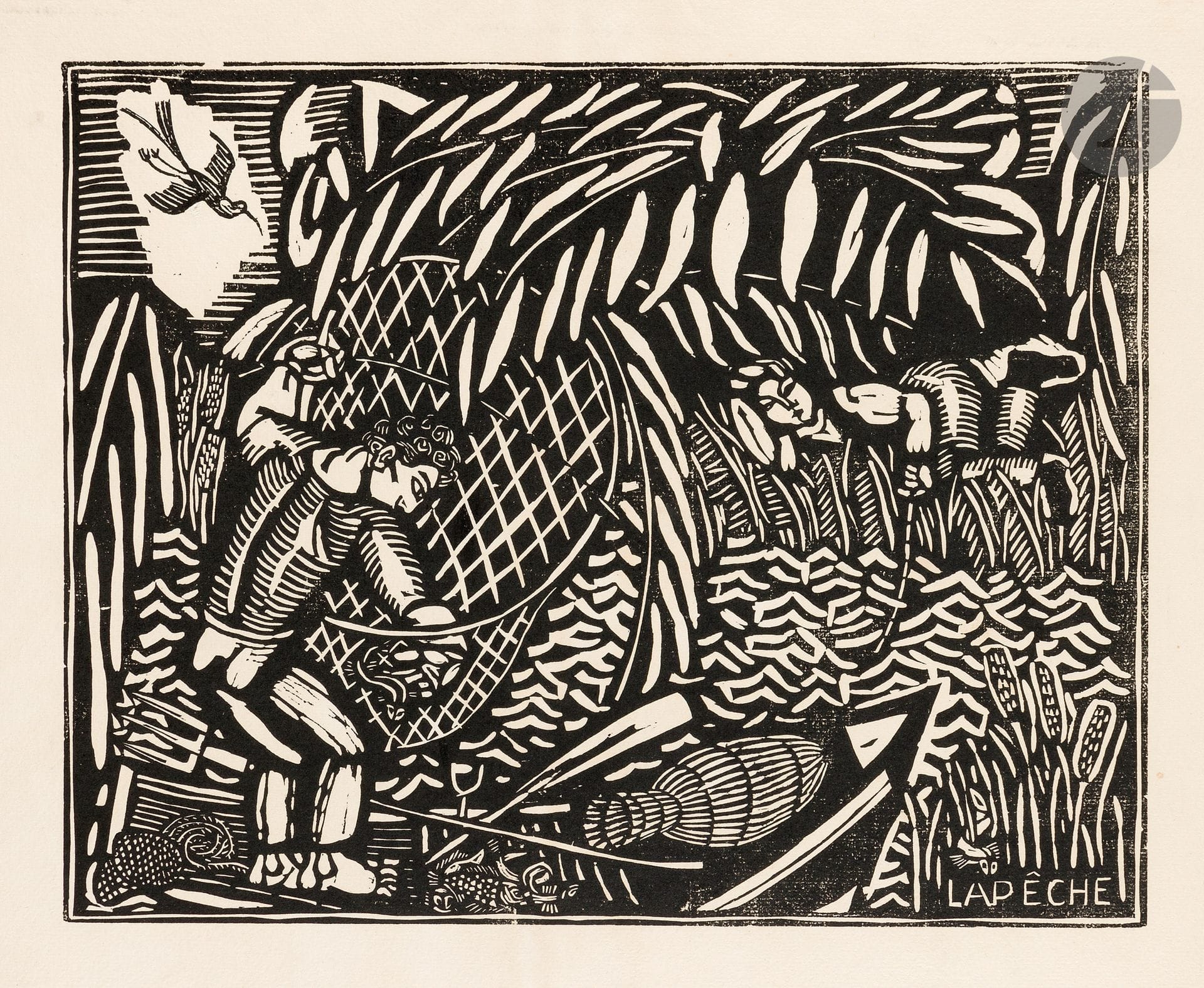 Raoul Dufy (1877-1953)
La Pêche. 1910-1911. Bois gravé. 400 x 320. Pernoud, L’Estampe des Fauves, p. 88. Très belle épreuve sur vergé ivoire filigrané « richard de bas », d’un tirage effectué vers 1950, non signée. Traces claires d’empoussiérage et d’oxydation, petites salissures aux bords du feuillet. Toutes marges.