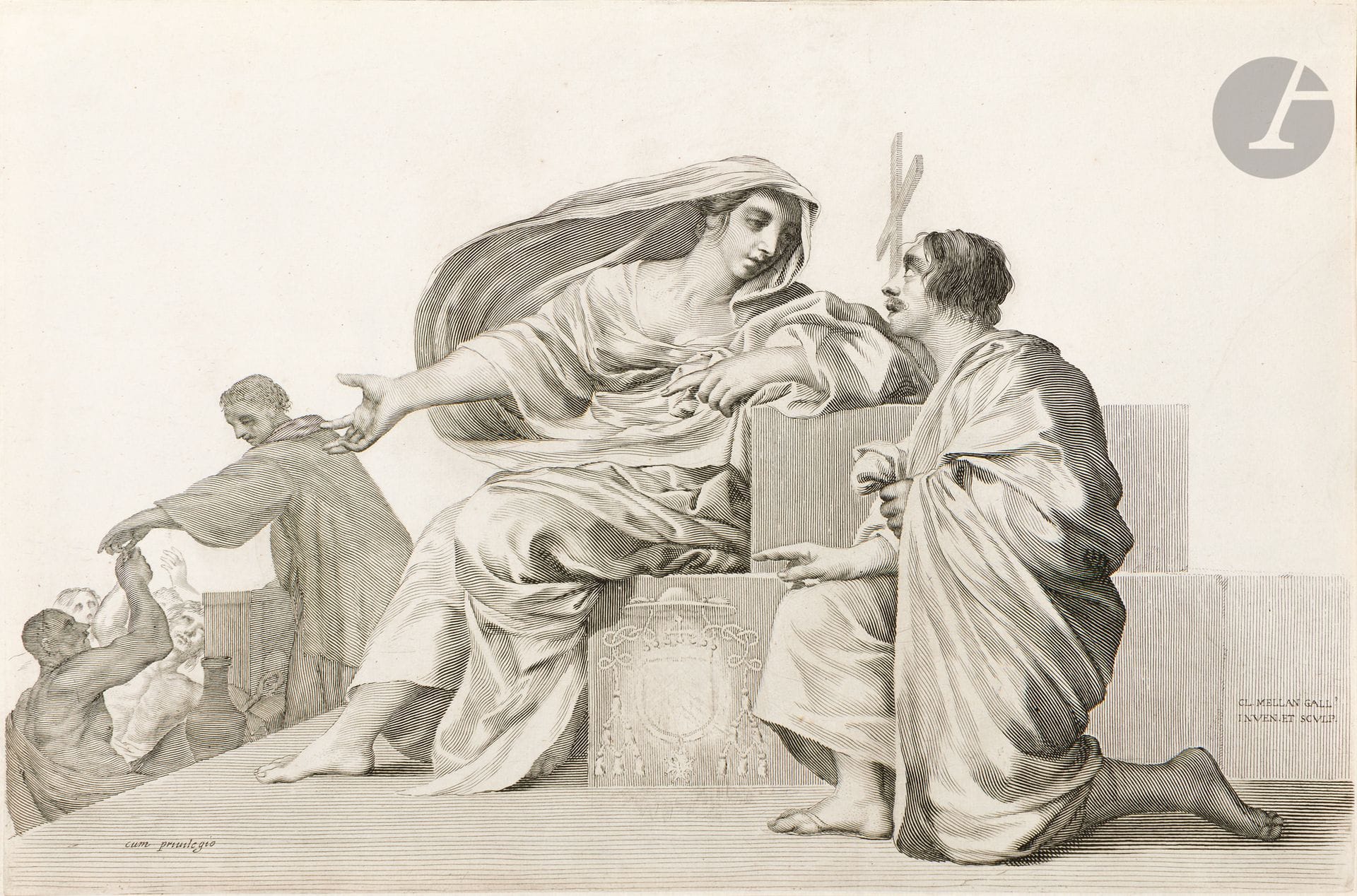 Claude Mellan (1598-1688)
Allégorie sur la Charité (?). Burin. 450 x 295. Préaud 255. Très belle et fraîche épreuve sur vergé, les armes de Richelieu effacées, rognée au coup de planche.