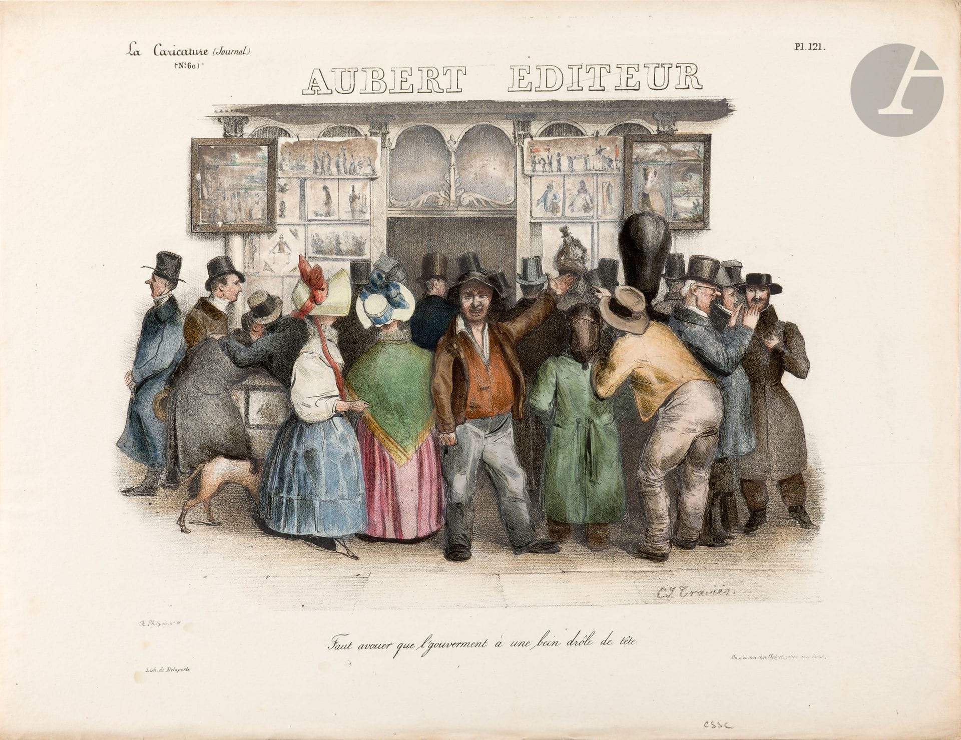 Charles-Joseph Traviès de Villers, known as Traviès (1804-1859)
Faut avouer que l'gouvernement à une bein drôle de tête (Aubert's window). 1831. Lithograph. 267 x 192. Beraldi, vol. XII, p. 149; Coll. de Vinck 13264. Very fine proof on white vellum, in beautiful gummed colors. Slight oxidation to the edges of the folio. Full margins. 

Plate published in La Caricature, no. 60 (pl. 121, December 22, 1831). 

"The Auberts joined forces with Charles Philipon to publish prints on December 14, 1829, and soon put on sale, first in collaboration with Hautecoeur Martinet, an album for children, then lithographs of the light-hearted nature Philipon had been producing for several years [...]. From August 1830, this production took on a political character, attacking the fallen regime, and then, in January 1831, that of Louis-Philippe. At the "magasin des Caricatures d'Aubert", Aubert managed subscriptions and marketed lithographs for the satirical magazines run by Philipon: La Caricature (November 30, 1830), then Le Charivari (October 1832), of lesser material quality, but more aggressive. As such, in 1831-1832, he found himself indicted 4 times, along with the authors of the cartoons, and Delaporte the printer. Although Aubert and Delaporte were acquitted at the first trials, as the courts became increasingly severe towards the satirical press after the "pear" affair, Aubert was sentenced along with Daumier and Delaporte to 6 months' imprisonment (not served for Aubert) and a 500 F fine on January 7, 1832 for a lithograph published in La Caricature, depicting Louis-Philippe as Gargantua swallowing the money of the poor. Philipon himself, but also Monnier, Grandville, Alophe, Raffet, Daumier, Traviès, Pigal multiplied the satirical charges printed by Langlumé and above all his successor Delaporte, Ratier and his successor Delaunois, Becquet." (École Nationale des Chartes, online, Dictionnaire des imprimeurs-lithographes du XIXe siècle, article Aubert Gabriel).

"Like Charlet, with whom he was close and who influenced him, and Daumier, with whom he was linked, Traviès was so interested in the lithographic medium that he made the print store the subject of one of his drawings: Faut avouer que l'gouvernement a une bein drôle de tête was published in La Caricature in December 1831, a period of political unrest and press freedom. The plate shows a crowd in front of Aubert's famous store, Galerie Véro-Dodat. Aubert was the brother-in-law and nominee of Charles Philipon, director of La Caricature and Le Charivari. Philipon signed the lithograph in question with Traviès, whose title alludes to Philipon's famous sketch of Louis-Philippe in a pear, during his trial on November 14, 1831, a drawing that was reproduced in a lithograph published in La Caricature. In the Traviès print window, we recognize two famous caricatures by Grandville, another of his friends and Philipon's spadassins, L'ordre règne à Varsovie and L'ordre public règne aussi à Paris, put on sale following the repression of the Polish revolution by Russian troops and the fall of Warsaw on September 3, 1831, followed by riots in Paris against the government's inaction." (Antoine Compagnon, "Traviès de Villers, 'prince du guignon'", in Colloque Baudelaire et les arts, Académie des beaux-arts, online).