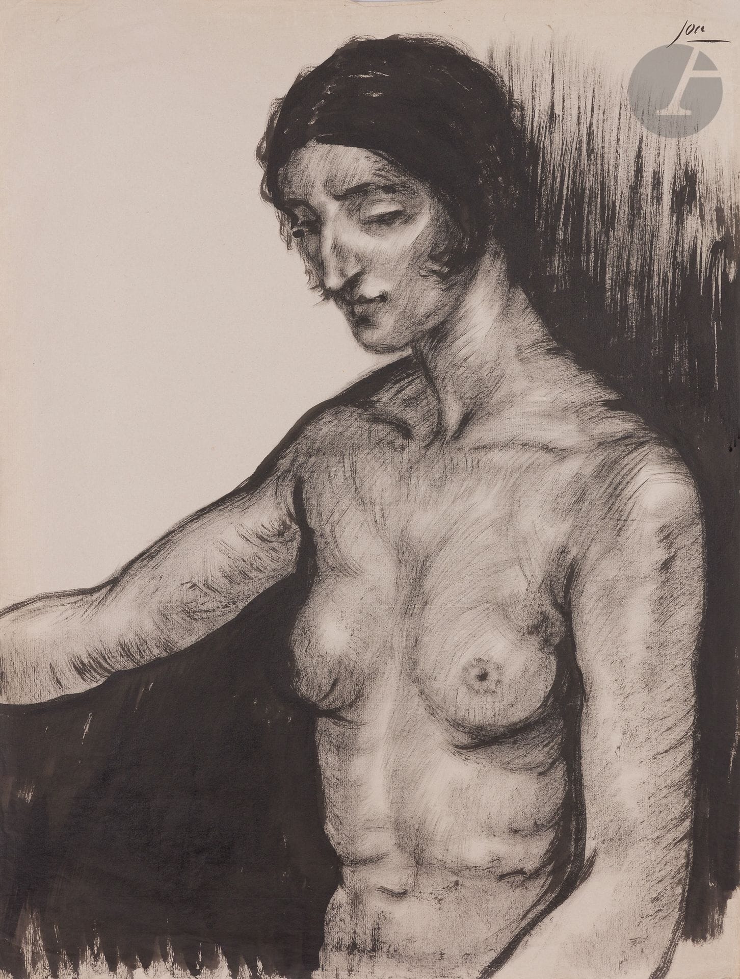 Louis Jou (1882-1968)
Nude three-quarter-length woman, half-body toward the left. Circa 1930-1940. Indian ink drawing (brush and wash), on gray-beige laid paper [580 x 760], signed in the upper right corner. Small undulations at the edges of the sheet. Joint : Brown woman with long hair, right hand at her neck. Same condition. Tear 80 mm above signature lower right. Ens. 2 p.