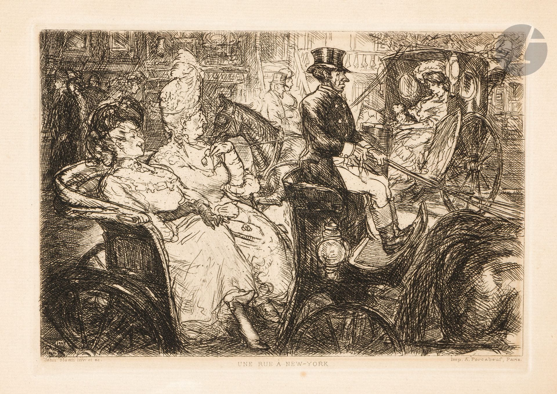 John French Sloan (américain, 1871-1951)
Une rue à New York. 1905. Eau-forte. 173 x 123. Bonne épreuve sur vergé, oxydée, du tirage pour la Gazette des Beaux-Arts. Forte trace de colle au bord supérieur au verso. Belles marges (rempliées sur quelques millimètres).