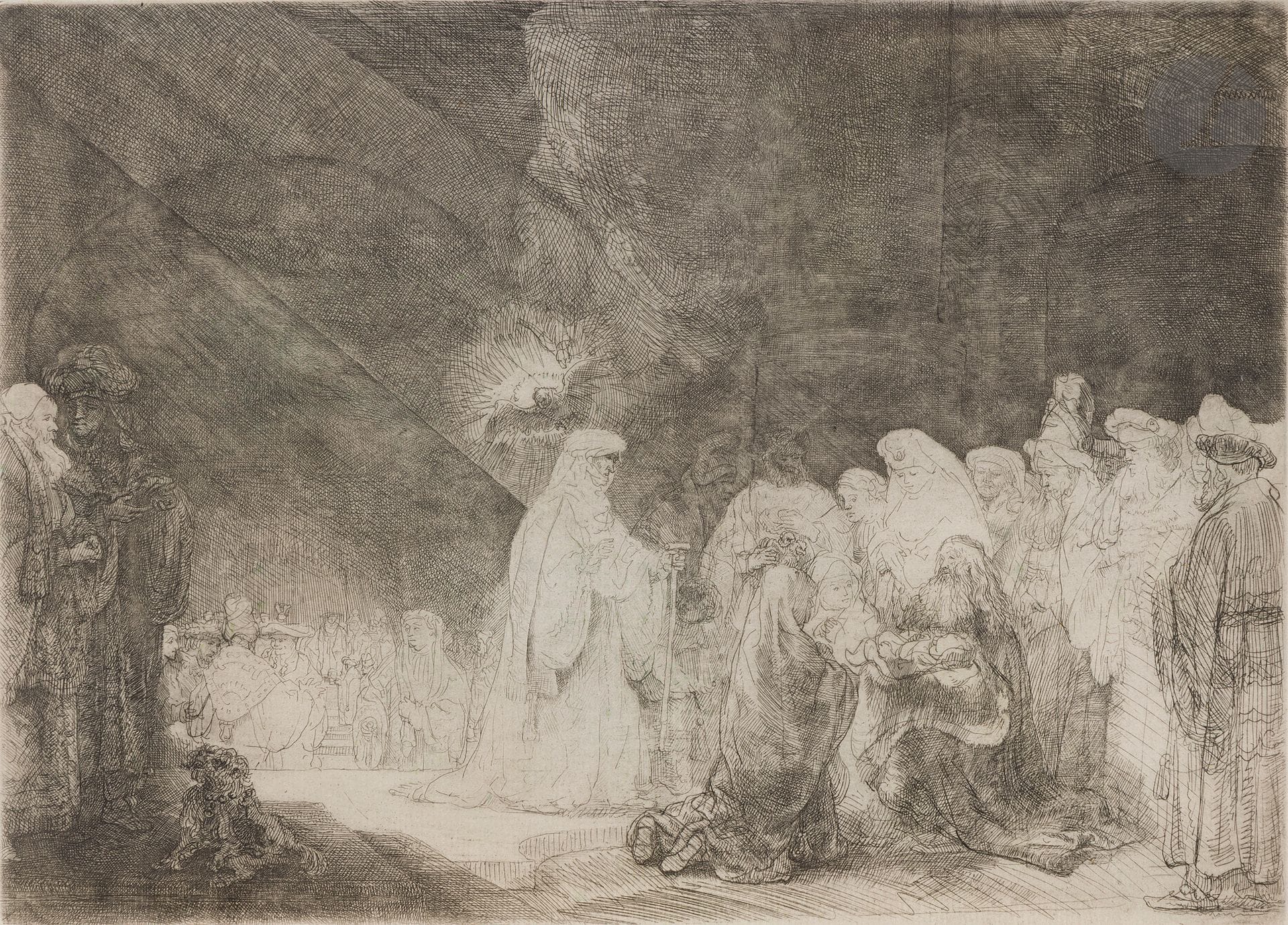 Rembrandt Harmensz. van Rijn (1606-1669)
Le Cantique de Siméon (Présentation au temple). Vers 1639. Eau-forte et pointe sèche. 293 x 218. Bartsch 49 ; Hind 162 ; New Hollstein 184. Belle épreuve sur vergé mince mécanique, les tailles généralement affaiblies, les fonds usés, d’un tirage effectué par Basan fils (début XIXe), rognée au coup de planche. Fine bande de kraft gommé en tête du feuillet au verso.
