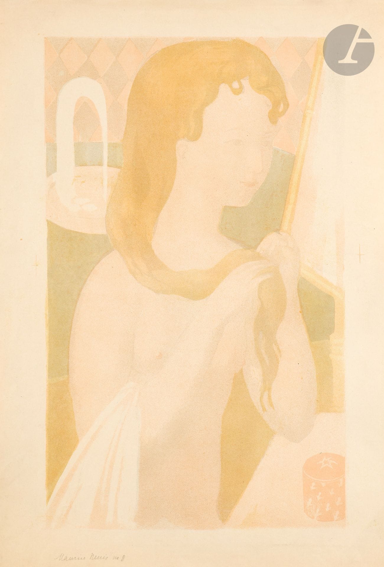 Maurice Denis (1870-1943)
Jeune fille à sa toilette, ou Jeune fille se coiffant. 1895. Lithographie. 325 x 530. Cailler 87 ; Johnson 29. Impression en couleurs. Belle épreuve sur vélin glacé, signée et numérotée au crayon. Courts plis de manipulation aux bords du feuillet. Courts plis, quelques menues déchirures et accidents en pied. Toutes marges. Tirage à 100 épreuves. A. Vollard éd.