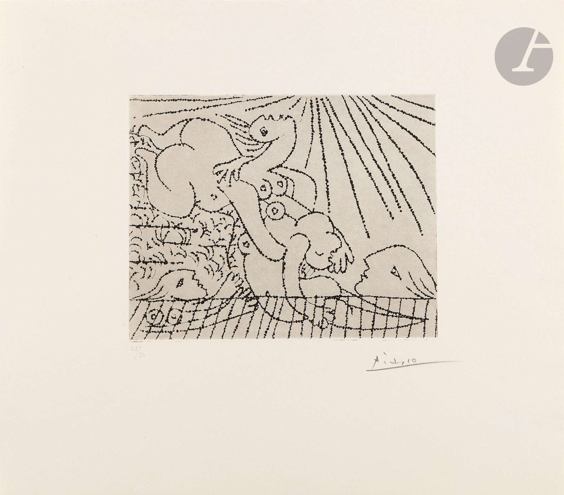 Pablo Picasso (1881-1973)
Le Sauvetage de la noyée II. 8 décembre 1932. Eau-forte. 198 x 156. Bloch 245 ; Baer 273. Parfaite épreuve sur vergé mince ivoire filigrané « Arches » et signée au crayon, du tirage à 50 épreuves effectué en 1961 par la galerie Leiris. Toutes marges [370 x 323].