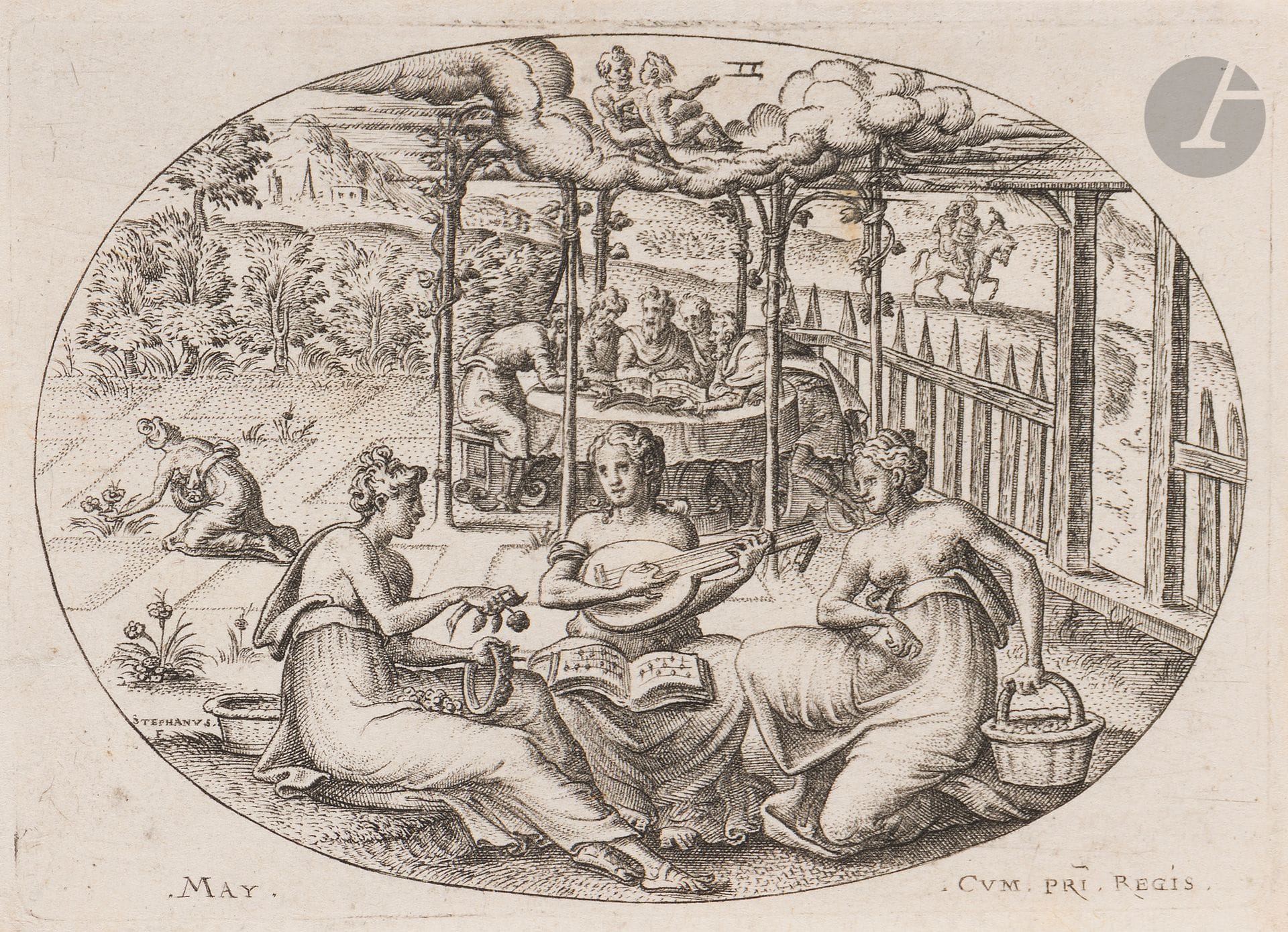 Étienne Delaune (1518 ou 1519-1583)
Suite ovale des mois. (Les Douze mois, ou les différentes occupations de l’homme dans l’année). 1568. Burin d’après Baptiste Pellerin. Chaque 80 x 58. Robert-Dumesnil 185-196. Très belles épreuves sur vergé mince. Filets de marges.