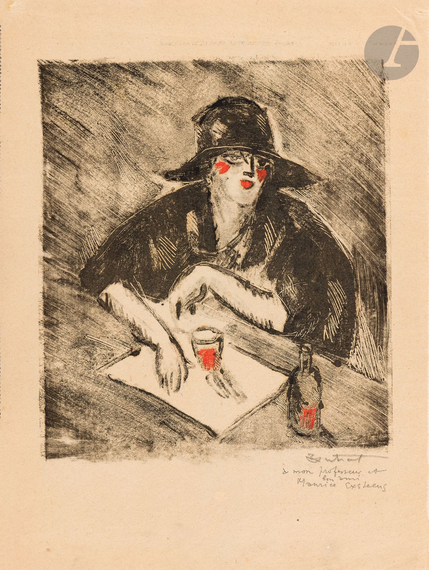 Robert Antral (1895-1939)
Femme en chapeau attablée au zinc. Vers 1920. Monotype en deux tons (noir et rouge). 197 x 225. Belle épreuve sur modeste vélin mince chamois, signée au crayon puis annotée « à mon professeur et / bon ami / Maurice Exsteens ». Bords du feuillet irréguliers (petits arrachements). Toutes marges. Joint : attribué à Henri Boutet (1851-1919). Élégante en pied. Monotype en couleurs. [262 x 387]. Très belle et fraîche épreuve sur japon mince. Toutes marges non ébarbées. Ens. 2 p.