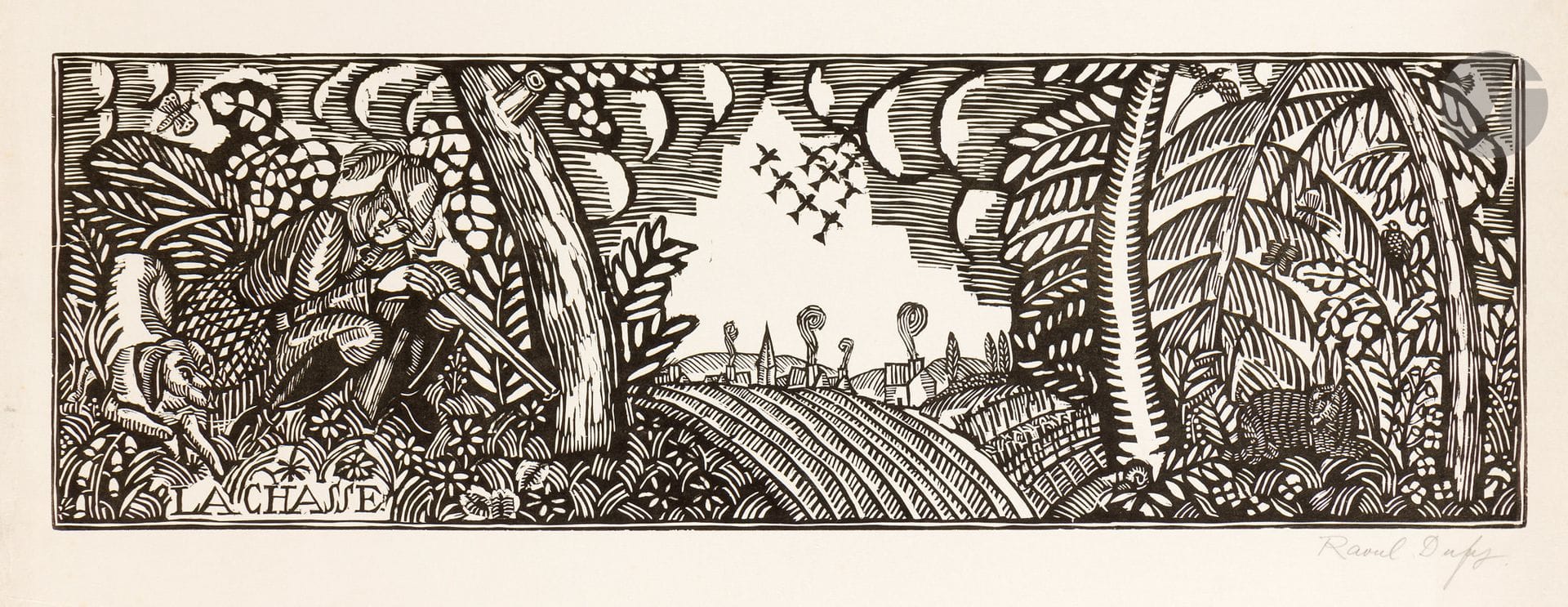 Raoul Dufy (1877-1953)
La Chasse. 1910-1911. Bois gravé. 642 x 210. Pernoud, L’Estampe des Fauves, p. 88. Très belle épreuve sur japon, signée au crayon puis numérotée en pied. Deux fins longs plis cassés médians, un oblique en travers de la marge inférieure, un vertical au centre en tête, un autre en bas à droite sous la signature. Empoussiérage, traces de plis et rousseurs aux bords du feuillet. Toutes marges. Tirage à 100 épreuves.