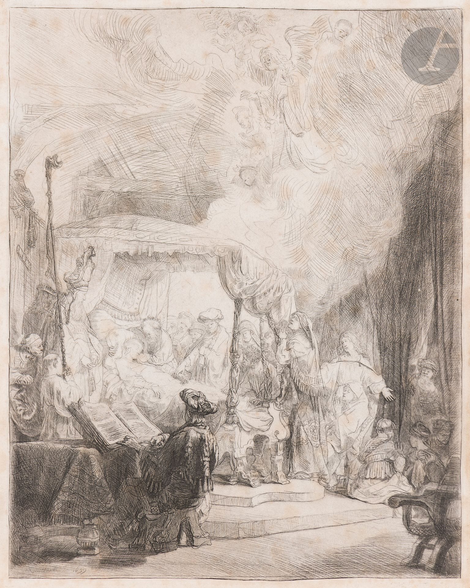 Rembrandt Harmensz. van Rijn (1606-1669)
La Mort de la Vierge. 1639. Eau-forte. 314 x 396. Bartsch 99 ; Hind 94 ; New Hollstein 173. Bonne épreuve sur vélin, d’un tirage effectué par Jean (XIXe), certaines tailles affaiblies, avec reprises dans la table à gauche. Nombreuses rousseurs claires éparses. Déchirure de 40 mm au bord gauche, pénétrant dans le sujet, anciennement consolidée au verso. Petit accident dans l’angle inférieur droit. Petites marges.