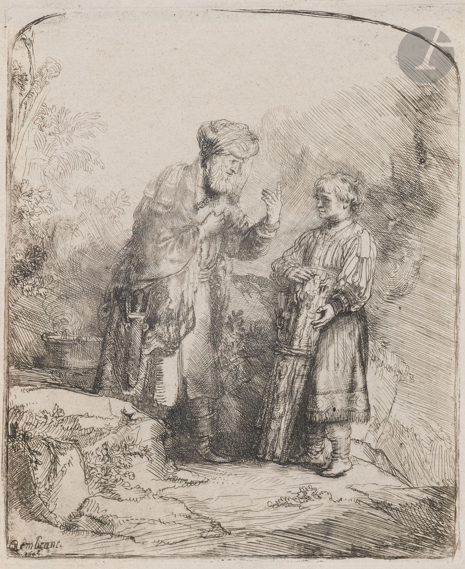 Rembrandt Harmensz. van Rijn (1606-1669)
Abraham avec son fils Isaac. 1645. Eau-forte et pointe sèche. 125 x 155. Bartsch 34 ; Hind 214 ; New Hollstein 224. Belle épreuve sur vergé mince mécanique, d’un tirage effectué par Basan fils ou Jean (début XIXe), la bordure gravée interrompue en haut, les fines lignes ressortant grises, la pointe sèche étant affaiblie. Fine bande de kraft gommé en tête du feuillet au verso. Petite amincissure dans l’angle inférieur droit. Marges étroites (2 mm environ).
