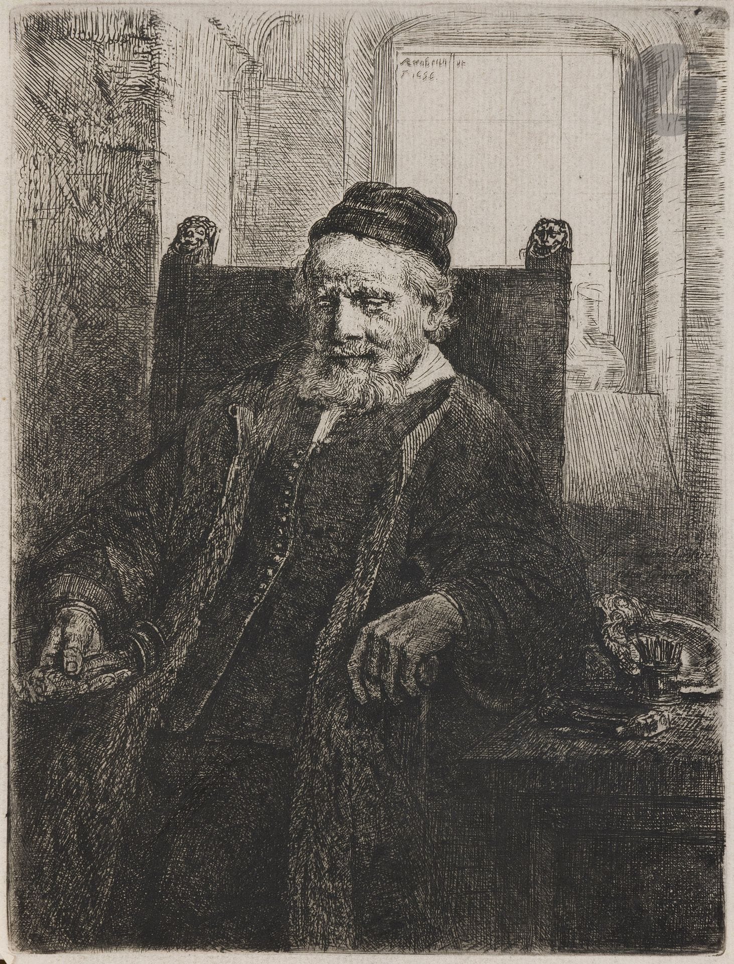 Rembrandt Harmensz. van Rijn (1606-1669)
Jean Lutma. 1656. Eau-forte et pointe sèche. 150 x 197. Bartsch 276 ; Hind 290 ; New Hollstein 293. Belle épreuve sur vergé mince mécanique, le sujet largement repris, avec notamment les tailles verticales dans le pouce droit, d’un tirage effectué par Bernard (fin XIXe-début XXe). Fine bande de kraft gommé en tête du feuillet au verso. Marges étroites.