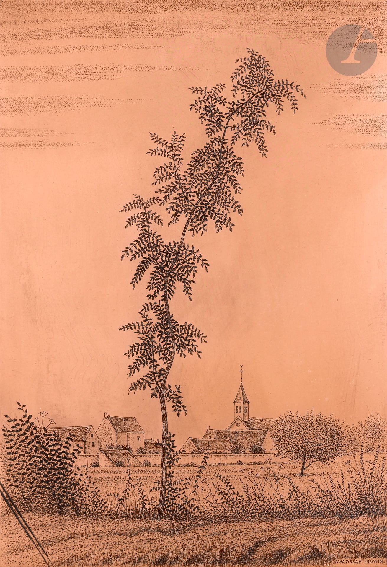 Kiyoshi Hasegawa (japonais, 1891-1980)
Arbre et église de village. 1959. Cuivre gravé à l’eau-forte. 240 x 335. Reifushobo 313. Biseauté, les angles arrondis. Biffé de deux traits de pointe dans l’angle inférieur gauche. Encré et verni. 

Provenance :
Atelier Leblanc, imprimeur.