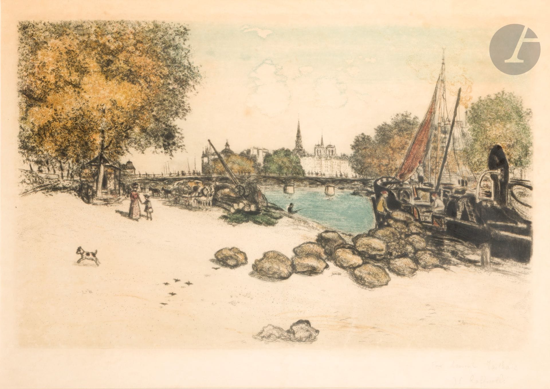 Jean-François Raffaëlli (1850-1924)
La Seine à Paris (port Saint-Nicolas). 1911. Pointe sèche. À vue : 600 x 420. Delteil 94. Impression en couleurs. Belle épreuve sur simili-japon, dédicacée au crayon « Pour Laurent Tailhade » et signée. Légère oxydation et quelques rousseurs. Marges. Tirage à 250 épreuves. Cadre. 

Laurent Tailhade (1854-1919) était un poète, conférencier et pamphlétaire libertaire. Il défendit publiquement les anarchistes et perdit lui-même un œil dans un attentat anarchiste.