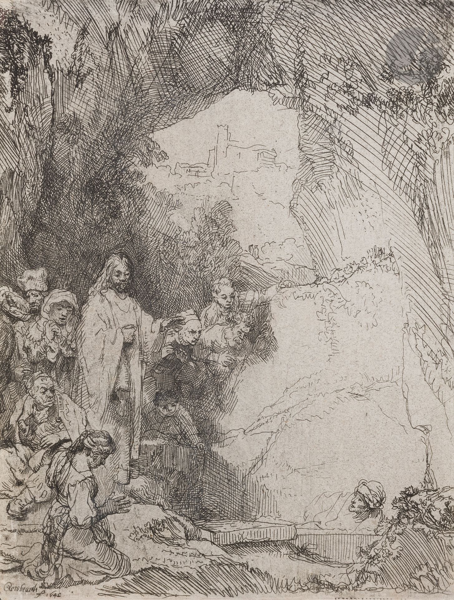 Rembrandt Harmensz. van Rijn (1606-1669)
La Petite Résurrection de Lazare. 1642. Eau-forte et pointe sèche. 113 x 150. Bartsch 72 ; Hind 198 ; New Hollstein 206. Belle épreuve sur vergé mince mécanique, d’un tirage effectué par Basan fils ou Jean (début XIXe), rognée au sujet, tirée grise. L’angle supérieur gauche finement repris à la plume et à l’encre. Au verso, fine bande de kraft gommé en tête du feuillet, menus épidermures et accidents consolidés aux bords du feuillet.