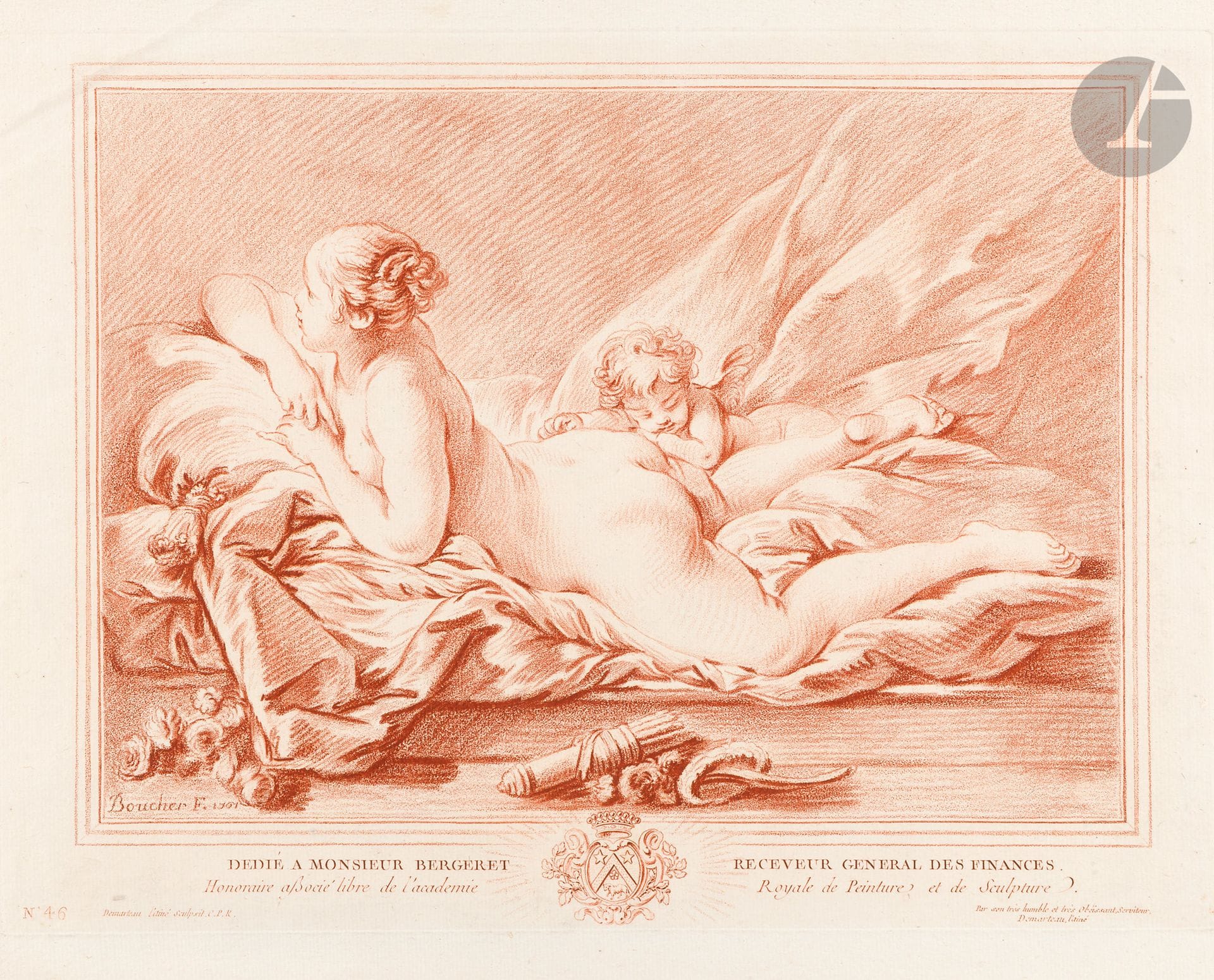 Gilles Demarteau (1722-1776)
Homme nu rangeant des poteries, vu de dos ; Femme étendue sur le ventre avec un Amour. Gravure en manière de crayon d’après Boucher. 393 x 287 et 385 x 280. I.F.F. 15 et 46. Impression en sanguine. Belles épreuves sur vergé. Initiales « AW » à la plume et à l’encre sépia dans l’angle inférieur droit à la 2e. Arrachements dans l’angle supérieur droit. Traces de plis souples. Belles marges. Joint : Jean-François Janinet (1752-1814). Teste d’Etude D’après Nature. Gravure en manière de crayon d’après Le Clerc. 270 x 393. I.F.F. 53. Impression en couleurs. Quelques rousseurs. Toutes marges. Ens. 3 p.