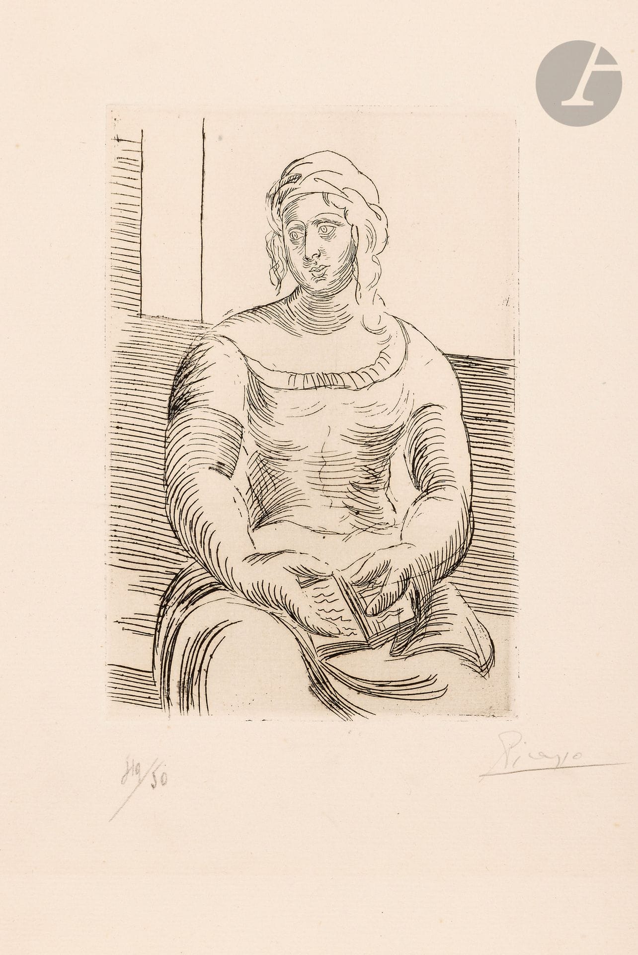 Pablo Picasso (1881-1973)
Italian woman (woman with book). 1919. Etching on zinc. 97 x 146. Bloch 34; Geiser-Baer 56. Very fine proof on strong ivory laid paper, numbered and signed in pencil, from the edition of 50 proofs for the head copies of the album Le Tricorne, P. Rosenberg ed. Two small remnants of gummed paper at the head of the folio on verso. Full margins [190 x 270].