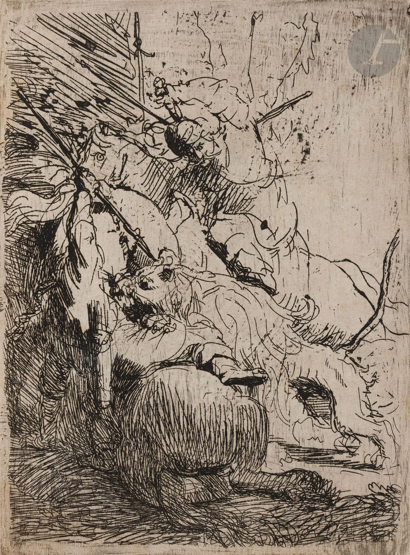 Rembrandt Harmensz. van Rijn (1606-1669)
La Petite chasse au lion. Vers 1629. Eau-forte. 118 x 156. Bartsch, Hollstein 116 ; New Hollstein 29. Très belle et rare épreuve sur vergé mince beige (filigrane : aigle bicéphale, proche Hinterding réf. A.a., p. 88), richement encrée, les traces d’essuyage et éraillures verticales très visibles, rognée sur le coup de planche, les angles arrondis très visibles à gauche. Au verso, petites amincissures anciennement et habilement restaurées, infimes taches et rousseurs. 

« Given the strong diagonal construction of this composition, it is not that surprising that Rubens was once thought to have been the inspiration for it but […] the scene was mainly inspired by the prints of Antonio Tempesta : the exact same fallen horse even appears in one of his etchings. » (E. Hinterding, Rembrandt Etchings from the Frits Lugt Collection, vol. I, Busum, THOTH Publishers, Paris, Fondation Custodia, 2008, p. 246).