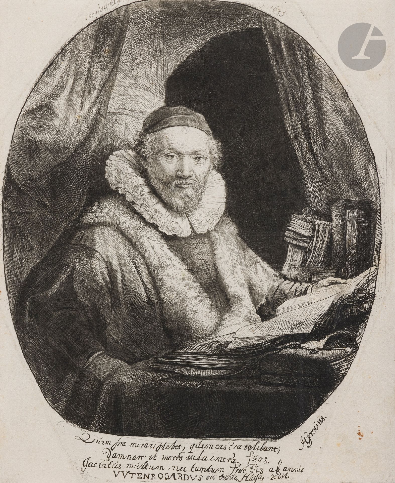 Rembrandt Harmensz. van Rijn (1606-1669)
Jan Uytenbogaert. 1635. Eau-forte et pointe sèche. [188 x 227]. Bartsch 279 ; Hind 128 ; New Hollstein 153. Très belle et brillante épreuve sur vergé ancien mince, avec les fines retouches de Watelet, rognée sur le coup de planche en tête en en pied de l’octogone, d’un tirage effectué par P. F. Basan (fin XVIIIe). Petits points de rouille dans l’angle inférieur droit du feuillet. Petit reste de colle en tête au verso.