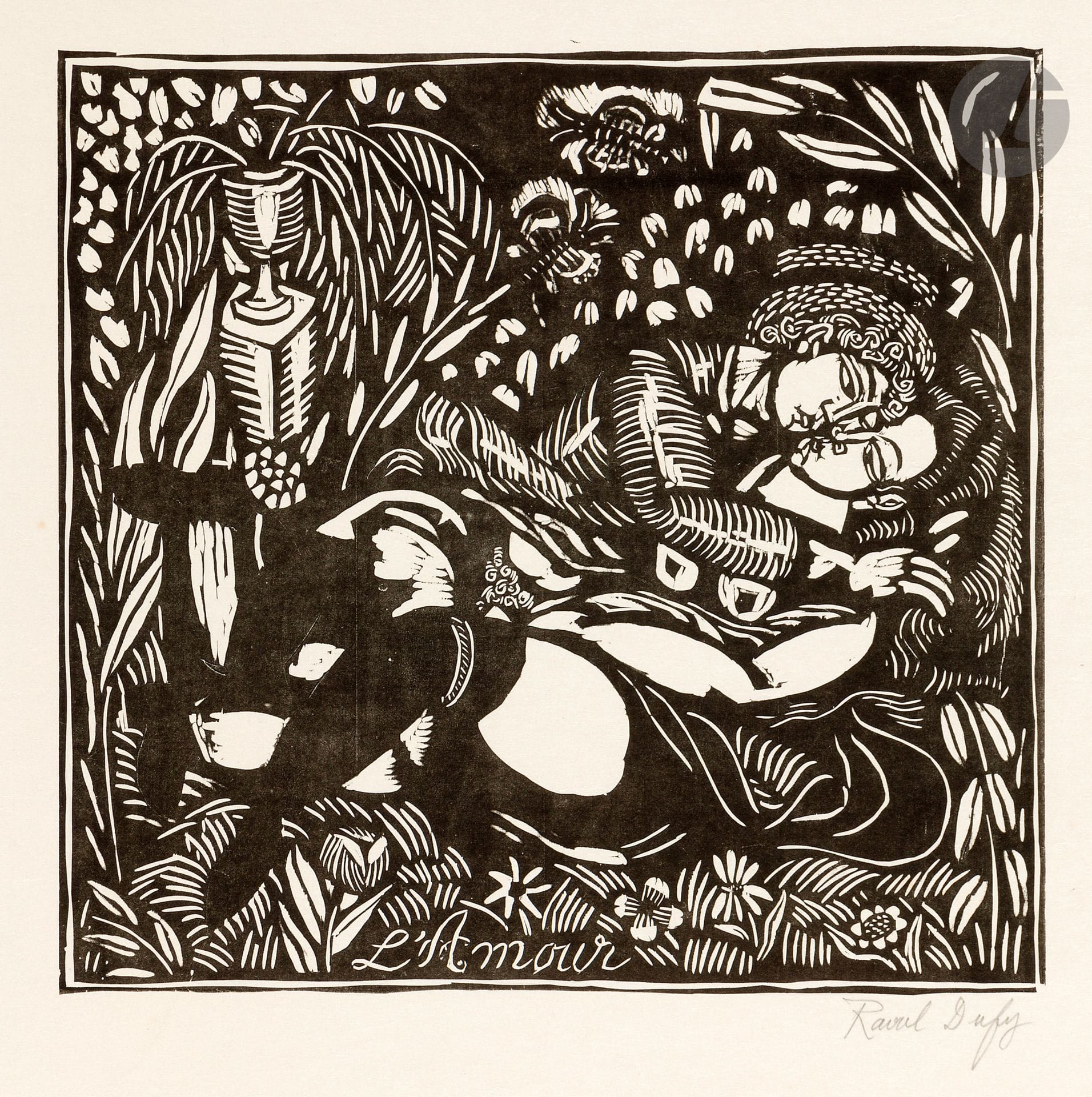 Raoul Dufy (1877-1953)
L’Amour. 1910-1911. Bois gravé. 310 x 305. Pernoud, L’Estampe des Fauves, p. 88. Très belle épreuve sur japon, signée au crayon puis numérotée en pied par H. M. Petiet. Deux petits morceaux d’adhésif en tête du feuillet au verso. Quelques infimes traces de plis et rousseurs marginales. Toutes marges. Tirage à 100 épreuves.