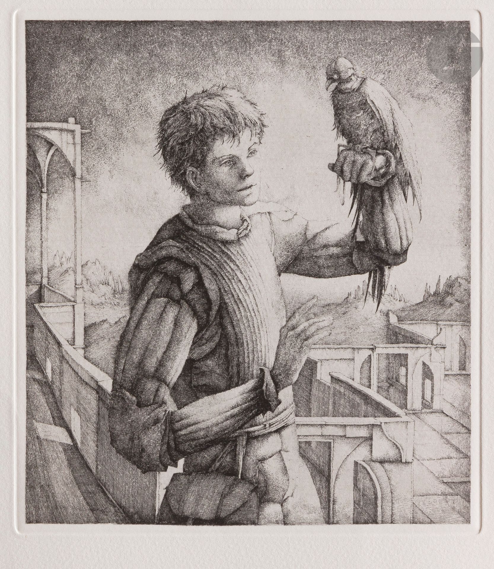 Erik Desmazières (born 1948) 
Falconer. 1977. Etching. 178x200. Fitch 29. Very fine proof on a double sheet, from the greeting card edition for Prouté (1978), with a mailing from the latter, unsigned by the artist.