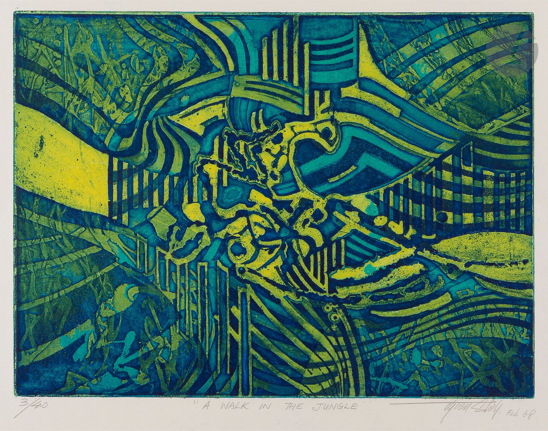 Long Thien-Shih (malaisien, né en 1946) 
A Walk in the Jungle. 1968. Eau-forte et aquatinte (tirage à l’Atelier 17 de Hayter). 395x295. Impression en couleurs. Belle épreuve sur vélin fort crème, numérotée, titrée, signée et datée au crayon. Petites rousseurs au bord supérieur du feuillet au verso. Toutes marges. Tirage à 40 épreuves.