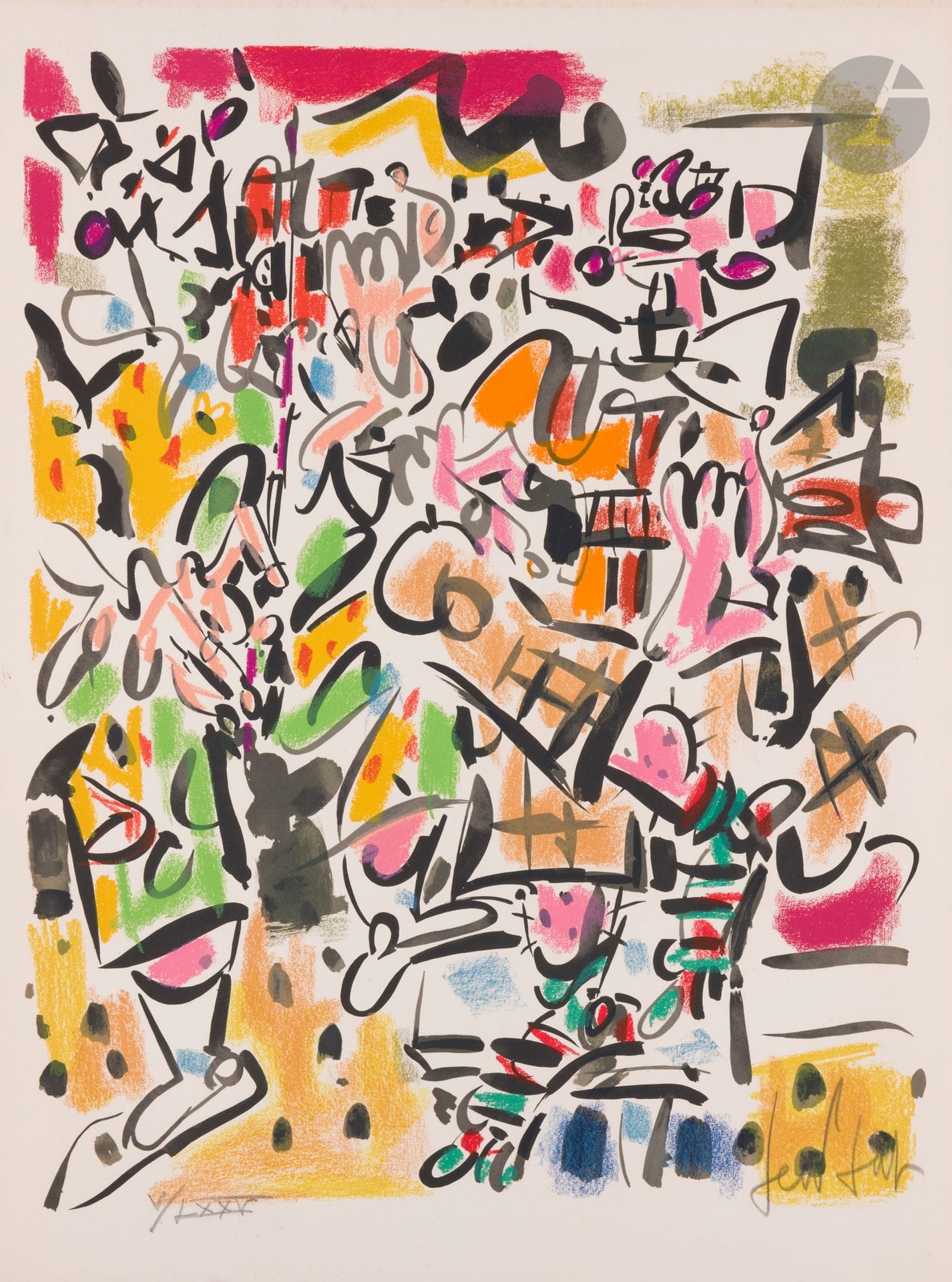 Gen-Paul (Eugène Paul, dit) (1895-1975) 
Clown musicien. Vers 1975. Lithographie. La feuille: 540x728. Impression en couleurs. Très belle épreuve sur vélin, l’une des 35 numérotées en chiffres romains, signée au crayon. Légère bande d’oxydation en tête du feuillet. Toutes marges.