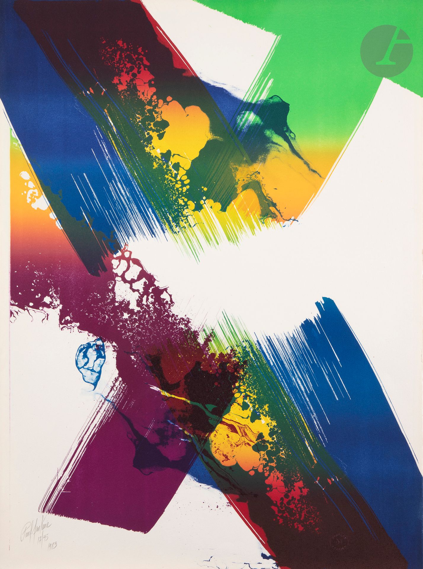 Paul Jenkins (américain, 1923-2012) 
Série Mourlot, pl. II. 1983. Lithographie. La feuille: 560x755. Impression en couleurs. Parfaite épreuve sur vélin blanc, signée, numérotée et datée au crayon. Toutes marges non ébarbées. Timbre sec: Mourlot Paris.