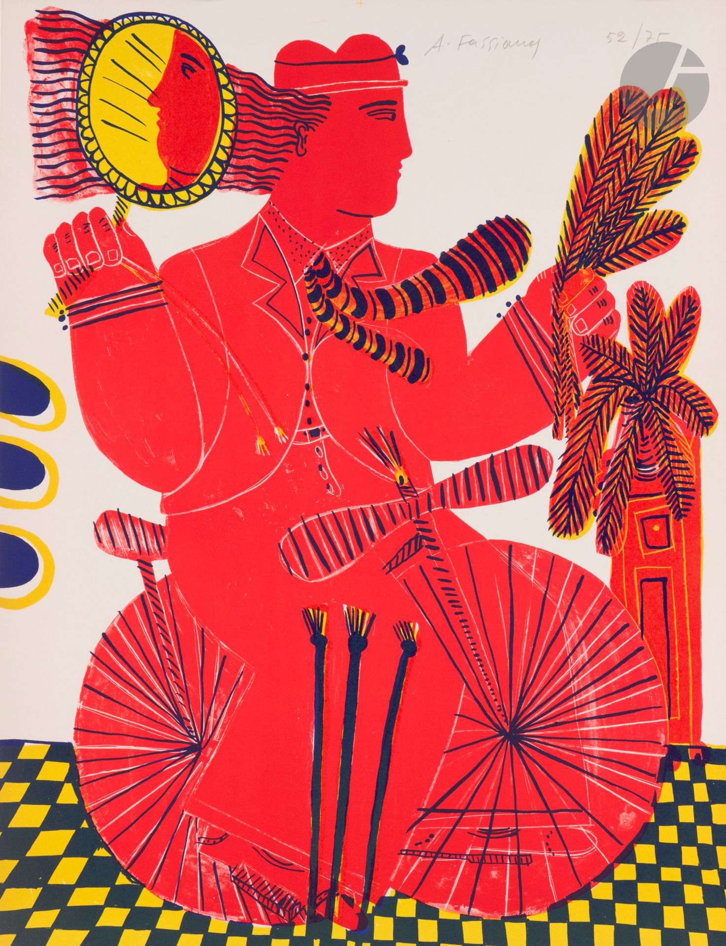 Alekos Fassianos (Greek, 1935-2022) 
Allegorical figure on bicycle. Circa 1980. Lithograph. Sheet: 500x650, printed in color. Very fine proof on vellum, signed and numbered in pencil. All margins. Edition of 75 proofs.