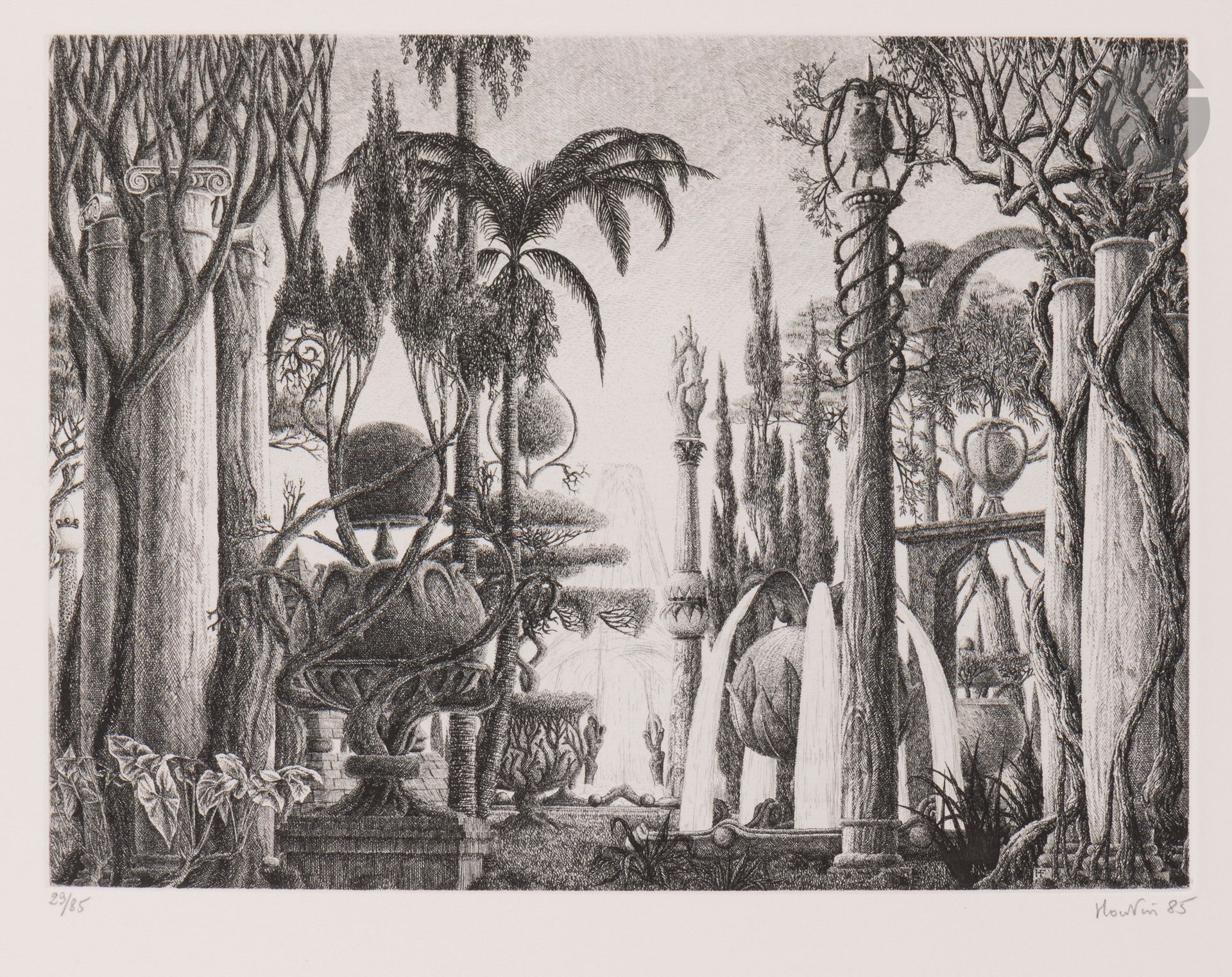 François Houtin (né en 1950) 
Fantaisies romaines. Gravures de François Houtin, texte de Gilbert Érouart. Michèle Broutta éd., 1985. Un album oblong, 325x255, contenant le texte imprimé et 10 gravures en feuilles, dont le frontispice. Eau-forte. Parfaites épreuves sur vélin blanc Tiepolo de Fabriano, numérotées, signées et datées au crayon. Couverture de vélin gris rempliée ornée et emboîtage. Exemplaire numéroté et signé par l’auteur et l’artiste, du tirage ordinaire à 85 ex. Envoi de l’artiste sur le faux titre, à la date du 31 janvier 1986.