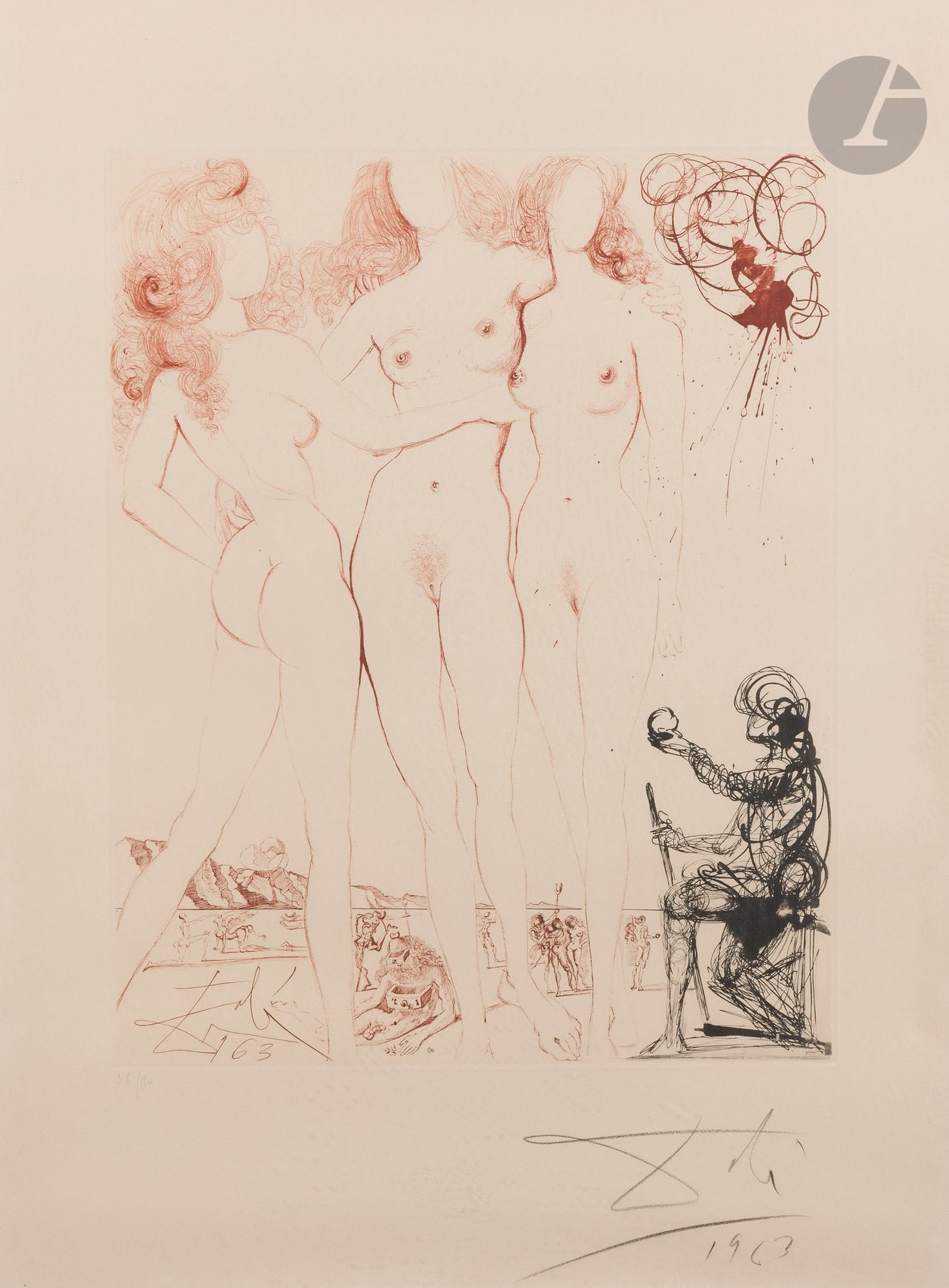 Salvador Dalí (1904-1989) 
The Judgment of Paris (Mythology, pl. 8). 1963-1965. Heliogravure and drypoint. Sheet: 535x715. Michler and Löpsinger 123, printed in color. Very fine proof on "Arches" watermarked ivory vellum, numbered, signed and dated "1963" in pencil. Full margins. Edition of 150 proofs on this paper. Argillet ed. Frame (between two plexiglass plates).