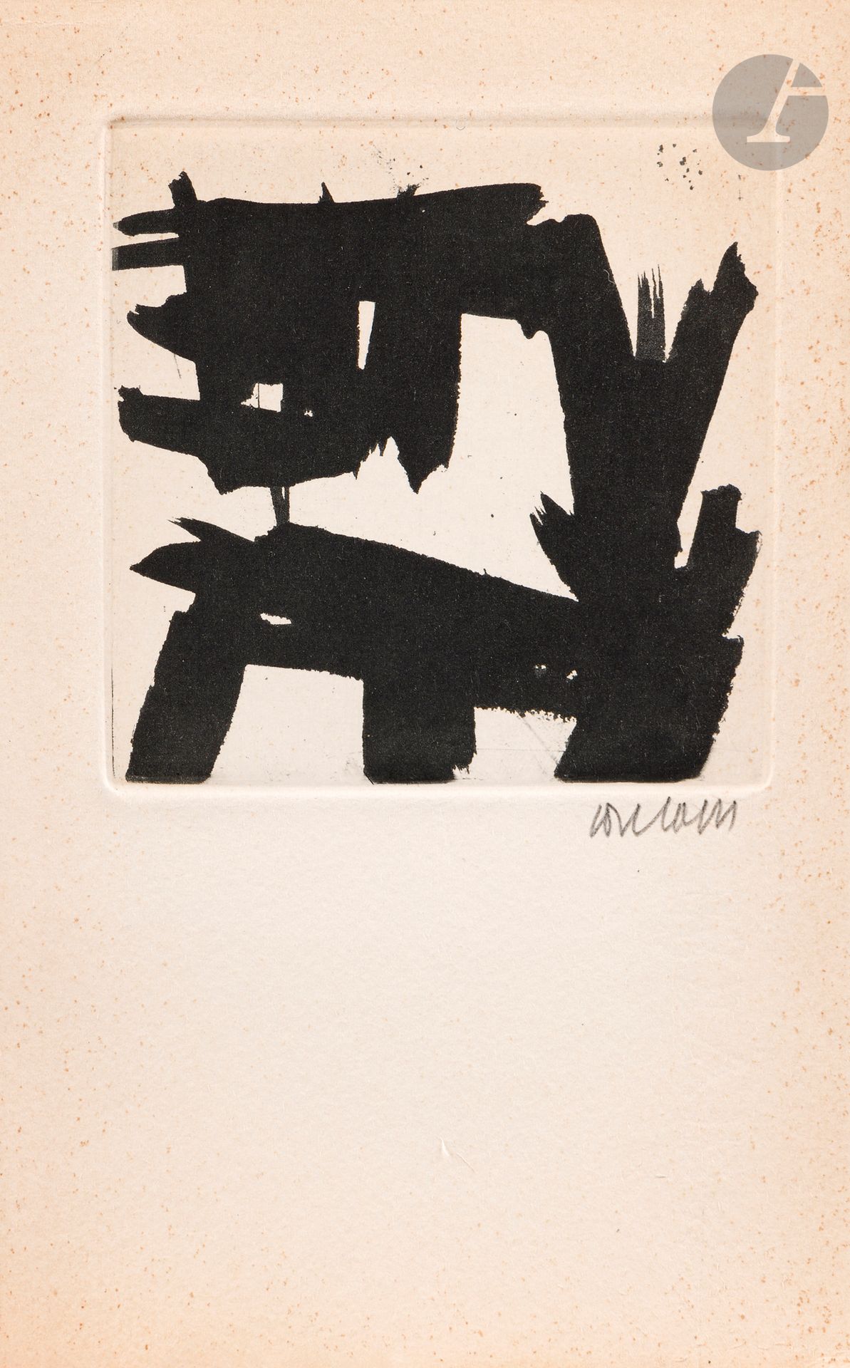 Pierre Soulages (1919-2022) 
Pl. pour E. Humeau, Le Neuf du cœur, poèmes, Paris, José Millas-Martin, 1956. Aquatinte. 95x95. Miessner-Encrevé non décrit. Belle épreuve sur vélin crème, signée au crayon. Semis de minuscules rousseurs. Toutes marges non ébarbées [130x200]. Très rare. 
 Planche en feuille contenue dans l’ouvrage susdit, broché, numéroté (sans l’emboîtage d’origine), d’un tirage à 50 exemplaires. Légère oxydation des feuillets et plats de couverture, avec trace de frottement oblique rousse en travers du 1er plat.