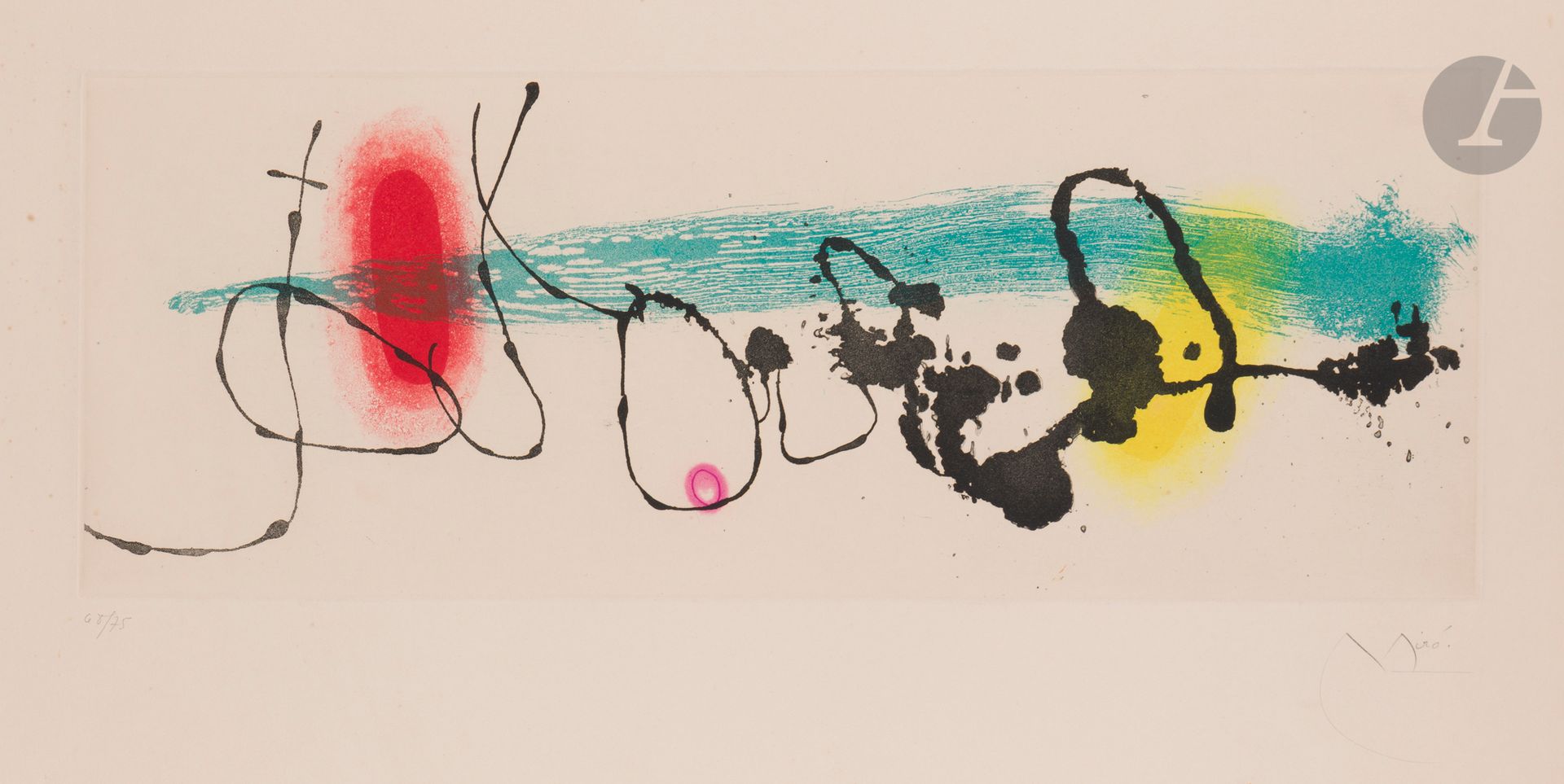 Joan Miró (1893-1983) 
Soleil noyé II. 1962. Aquatinte. 588x220. Dupin 349. Impression en couleurs. Très belle épreuve sur vélin ivoire, numérotée et signée au crayon. Rousseurs claires éparses et salissures marginales. Déchirure oblique de 60 mm à gauche de la marge supérieure. Petites épidermures et points de rouille aux bords du feuillet au verso. Toutes marges [810x520]. Tirage à 75 épreuves. Maeght éd.