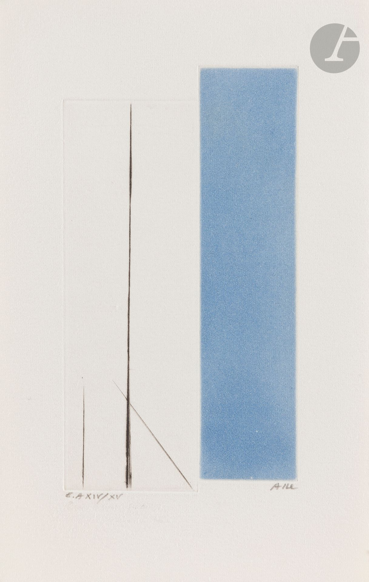 Geneviève Asse (1923-2021) 
Pl. pour S. Baron-Supervielle, Un été avec Geneviève Asse, Paris, L’Échoppe, 1996. Pointe sèche et aquatinte sur deux cuivres juxtaposés. La feuille: 115x182. Très belle épreuve sur vélin blanc, l’une des 15 annotées «E.A», numérotées en chiffres romains et signées au crayon (outre le tirage à 40 épreuves pour les exemplaires de tête de l’ouvrage), une dédicace effacée. Toutes marges.