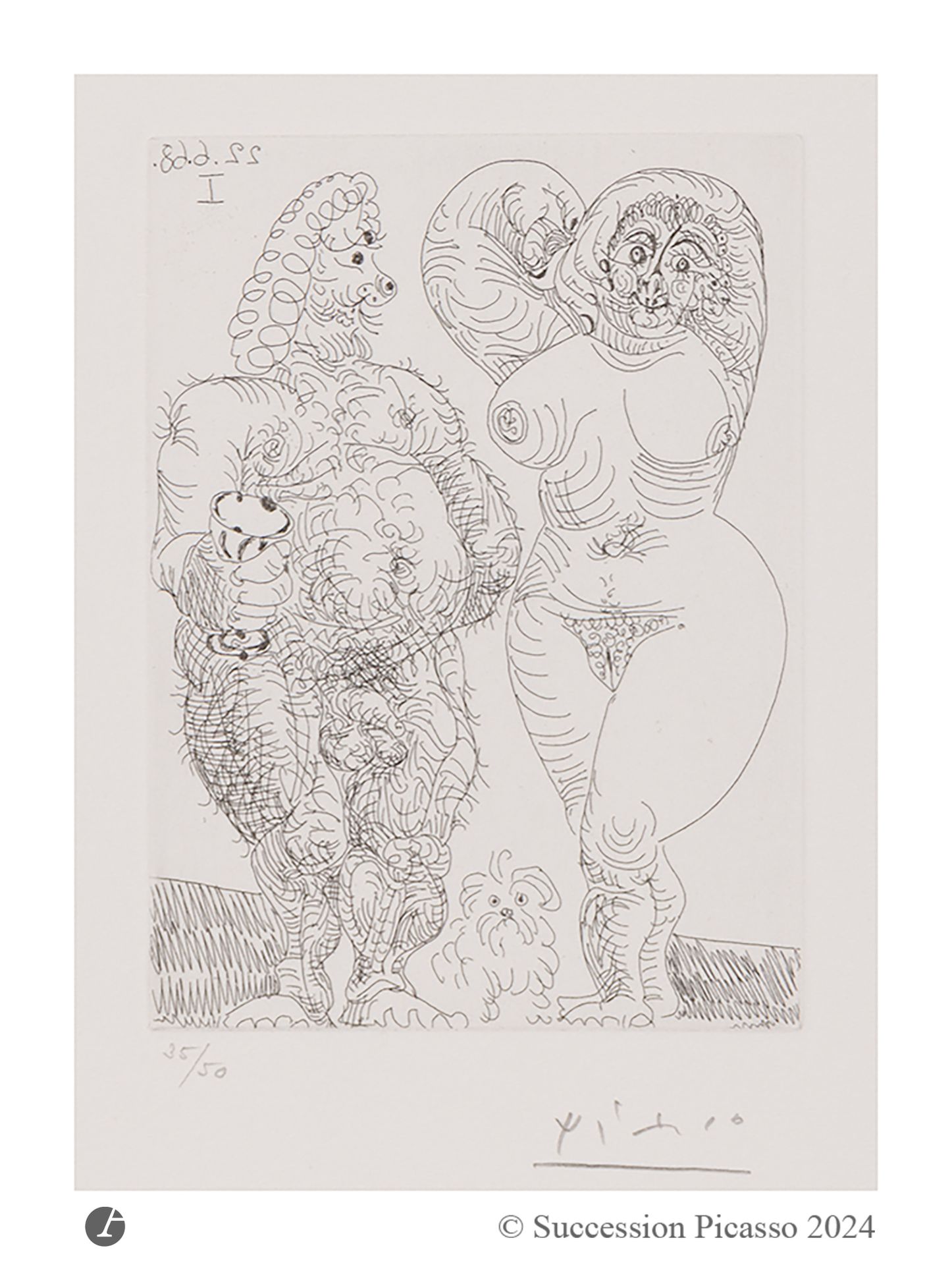 Pablo Picasso (1881-1973) 
Gros couple et petit chien poilus. (Les 347, pl. 178). 22 juin 1968. Eau-forte. 90x120. Bloch 1658; Baer 1674 B b 1. Parfaite épreuve sur vélin crème, numérotée et signée au crayon. Toutes marges [250x325]. Tirage à 50 épreuves. Éd. de la galerie Louise Leiris.
© Succession Picasso 2024