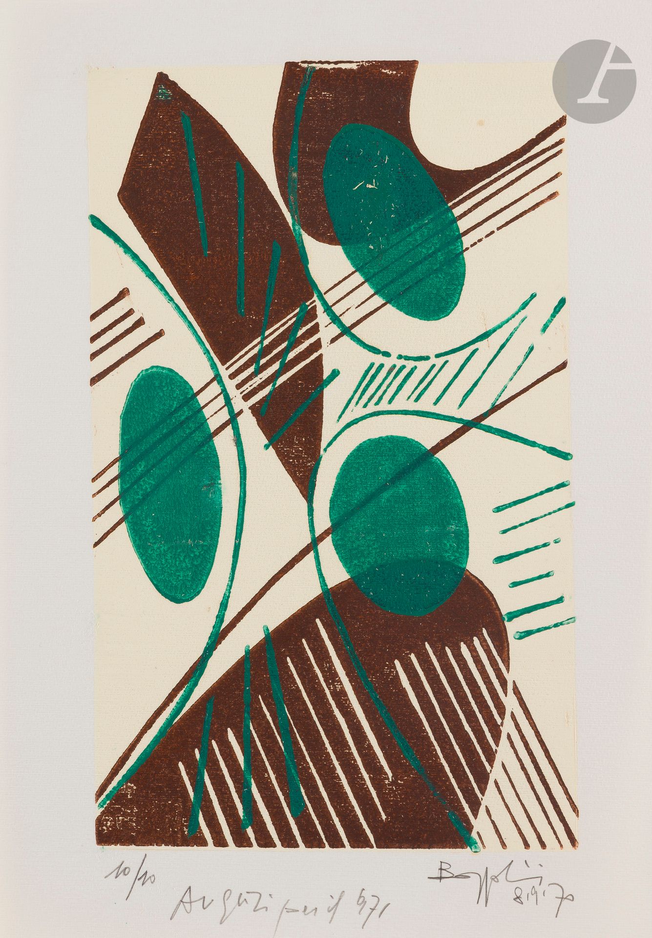 Silvano Bozzolini (Italian, 1911-1998) 
A set of 6 greeting cards and invitations illustrated with color engravings (etching, woodcut, linocut), annotated and dated. 1968-1970. Joint: greeting card by another artist. Ens. 7 p.