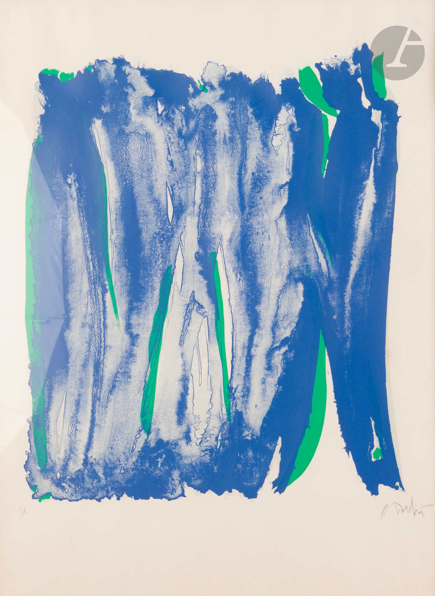Olivier Debré (1920-1999) 
Signe-paysage, château de Jau, II. 1980. Lithographie. À vue: 550x750. Impression en couleurs. Pernoud 385. Très belle épreuve sur vélin ivoire, l’une des 25 épreuves d’artiste, justifiée «EA» et signée au crayon. Fine ligne blanche oblique dans le sujet en bas (éraflure survenue sur la pierre). Toutes marges. Tirage à 75 épreuves. Cadre. 
 Le même sujet a fait l’objet d’un tirage en affiche pour une exposition des peintures de l’artiste à la Fondation du château de Jau en 1980.