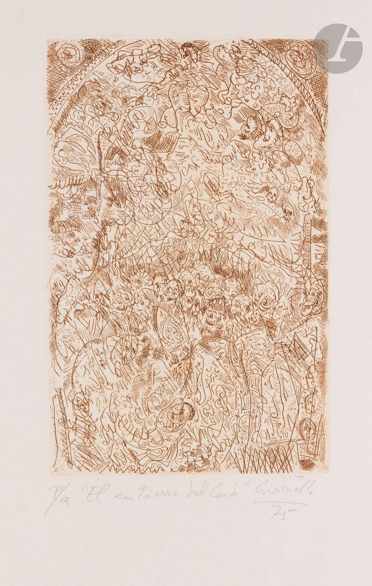 Alberto Gironella (mexicain, 1929-1999) 
El Entierro del Conde. 1975. Eau-forte.200x310. Impression en brun. Parfaite épreuve sur vélin blanc, justifiée «P/a», titrée, signée et datée au crayon. Toutes marges.