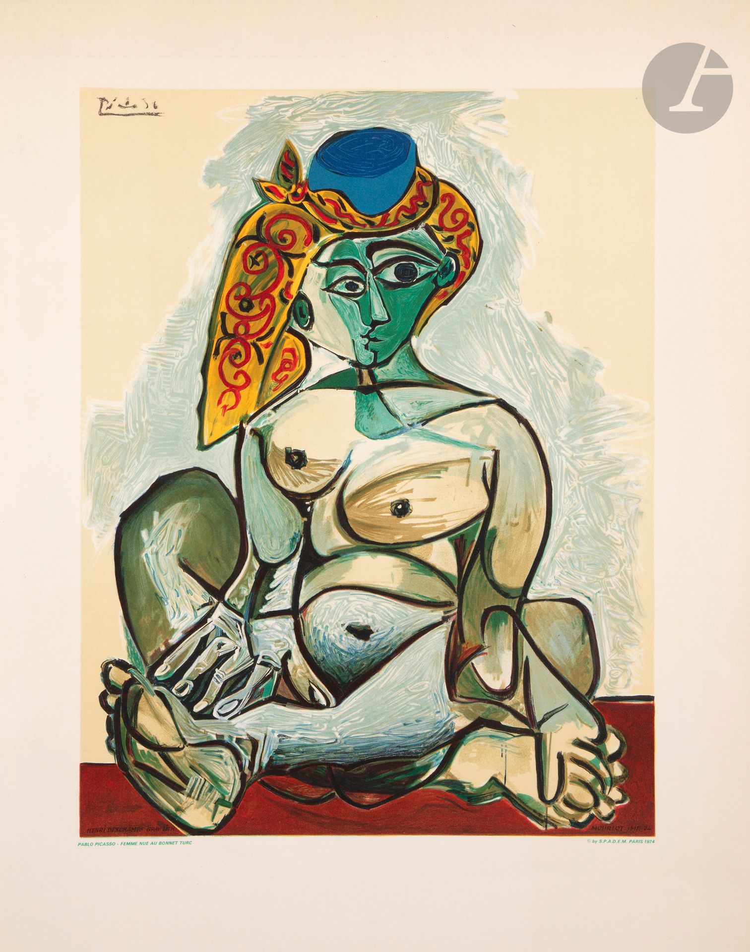 Pablo Picasso (1881-1973) (after) 
Nude Woman with Turkish Cap. 1974. Lithograph by Henri Deschamps. 385x500, printed in color. Very fine proof on cream vellum, with the printed copyright of the s.p.a.d.e.m. under the subject on the right. Slight marginal oxidation. Full margins.